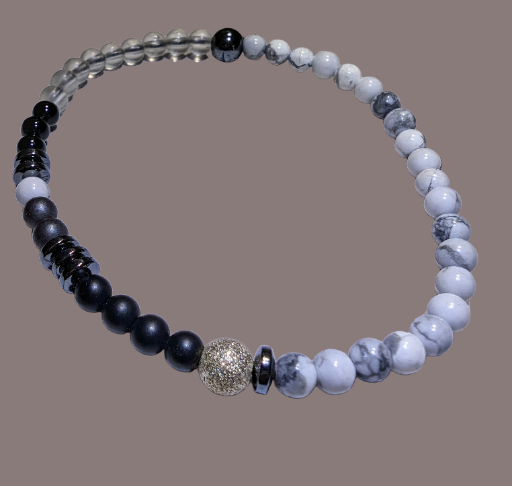 Black Onyx, Clear Quartz, Hematite, & Howlite with Silver Bead