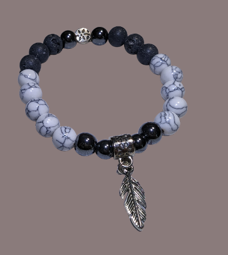Howlite, Hematite & Volcanic Lava Stone Feather Charm