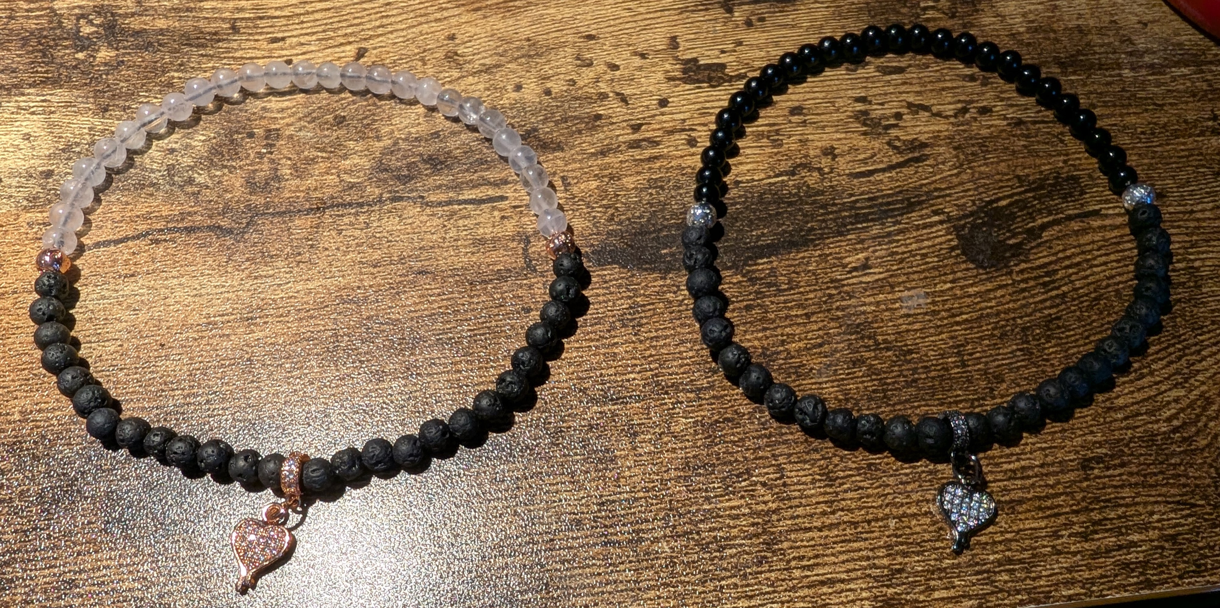 Half & Half Ankle Bracelet Rose Quartz & Volcanic Lava Stone 4mm