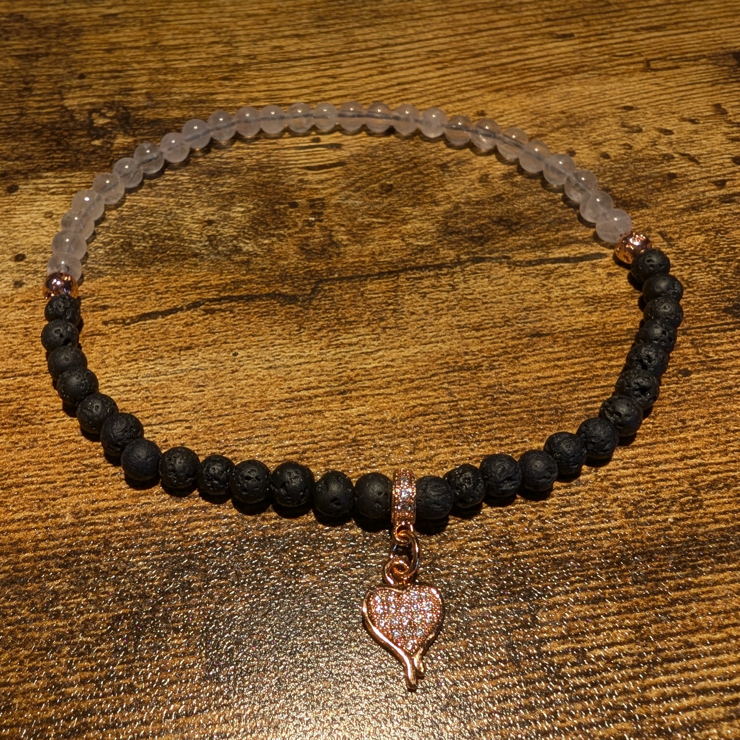 Half & Half Ankle Bracelet Rose Quartz & Volcanic Lava Stone 4mm
