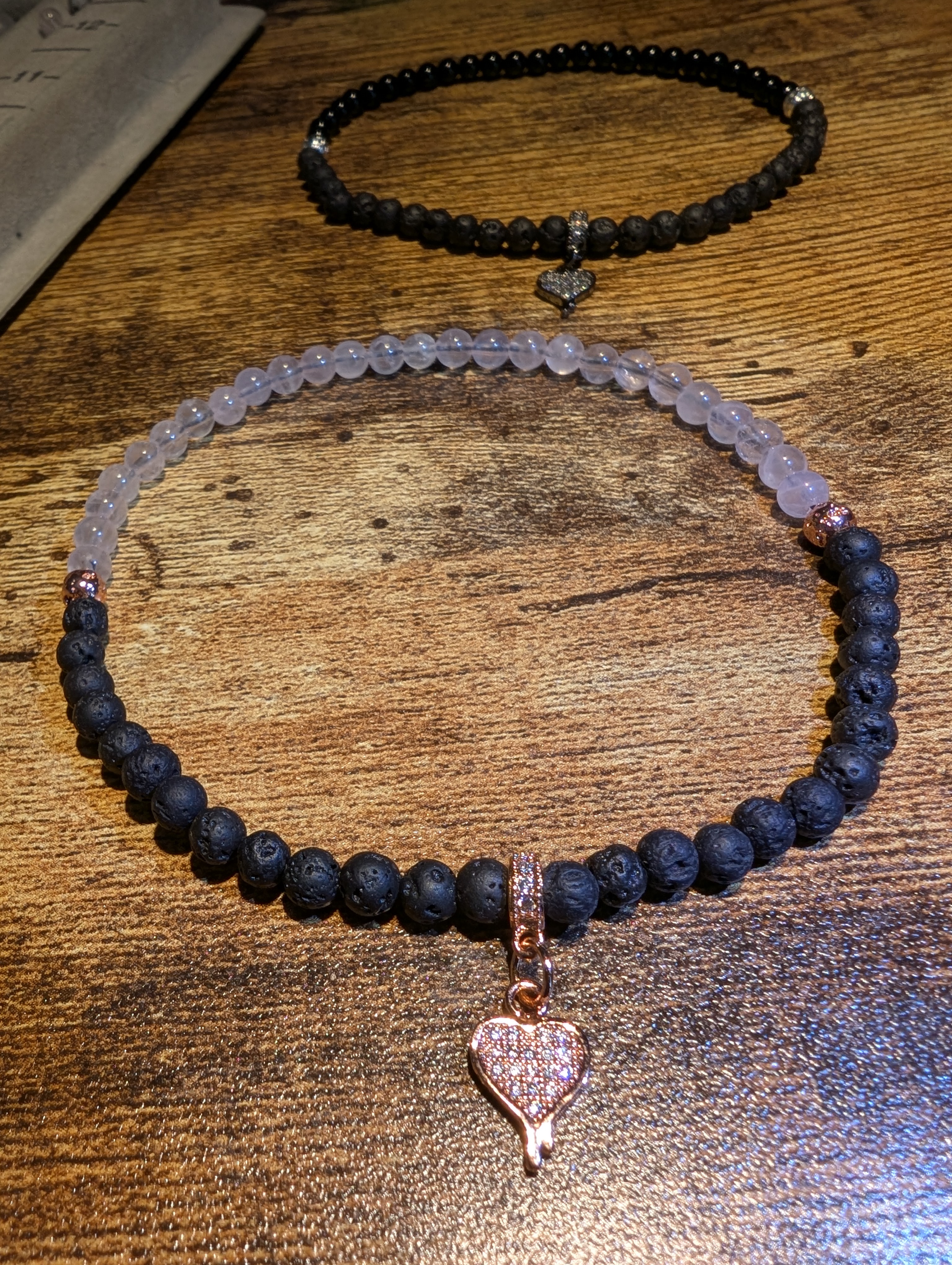 Half & Half Ankle Bracelet Rose Quartz & Volcanic Lava Stone 4mm