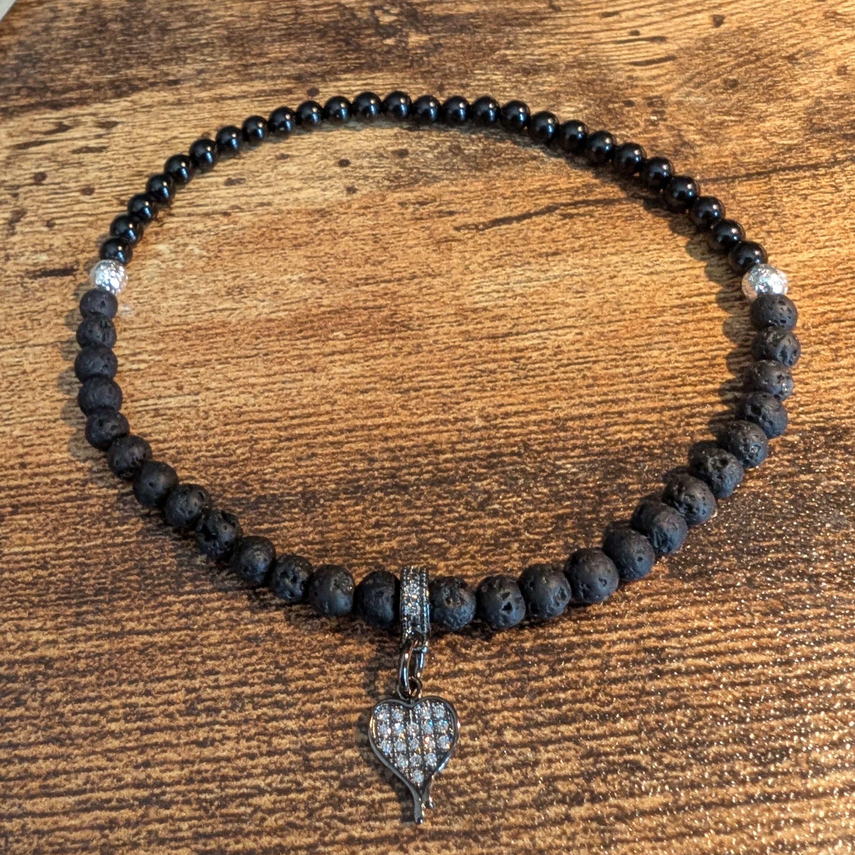 Half & Half Ankle Bracelet Black Onyx & Volcanic Lava Stone 4mm