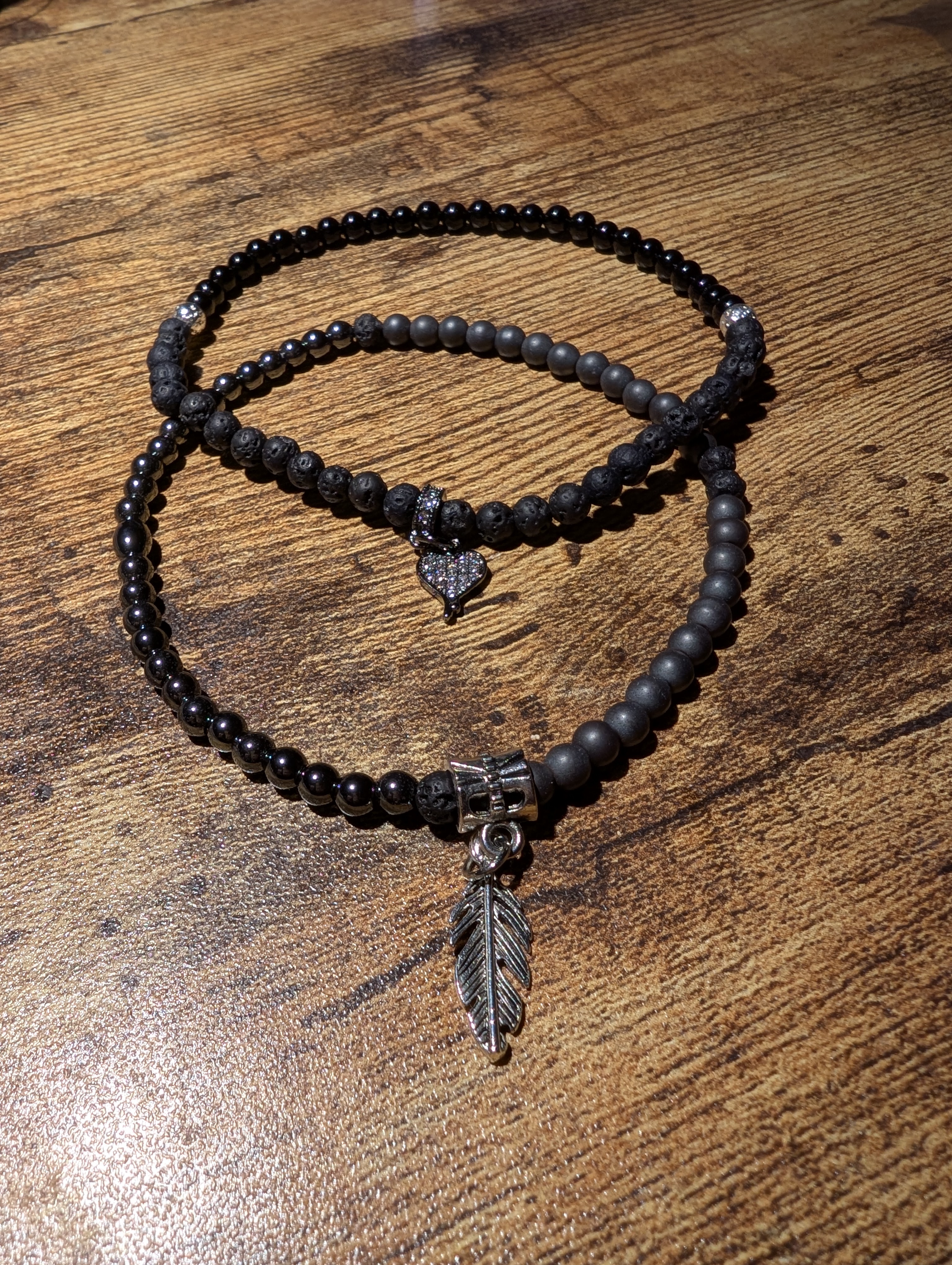 Half & Half Ankle Bracelet Black Onyx & Volcanic Lava Stone 4mm