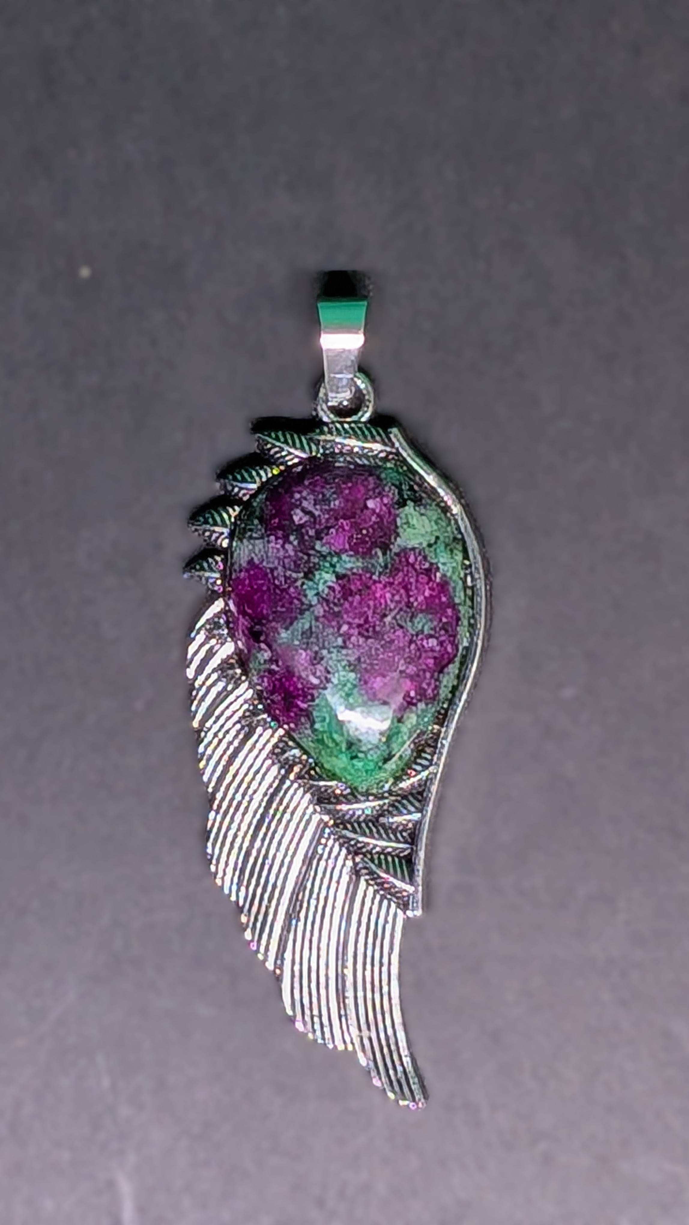 Metal and Stone Wing Pendant Ruby in Zoisite