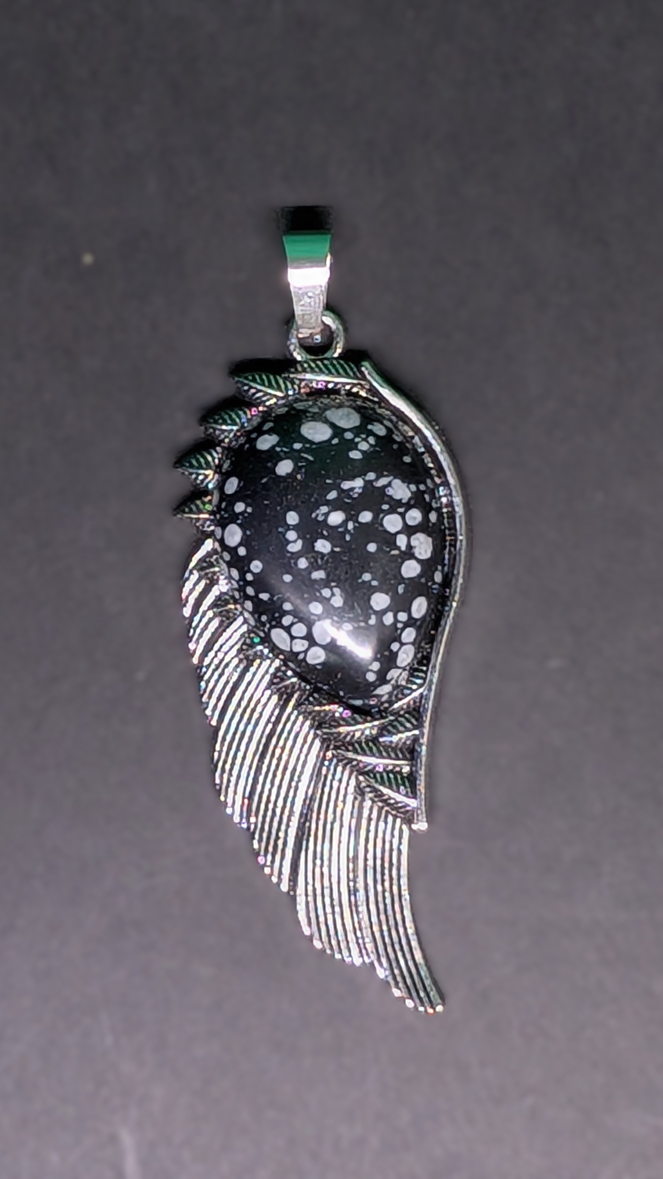 Metal and Stone Wing Pendant Snowflake Obsidian