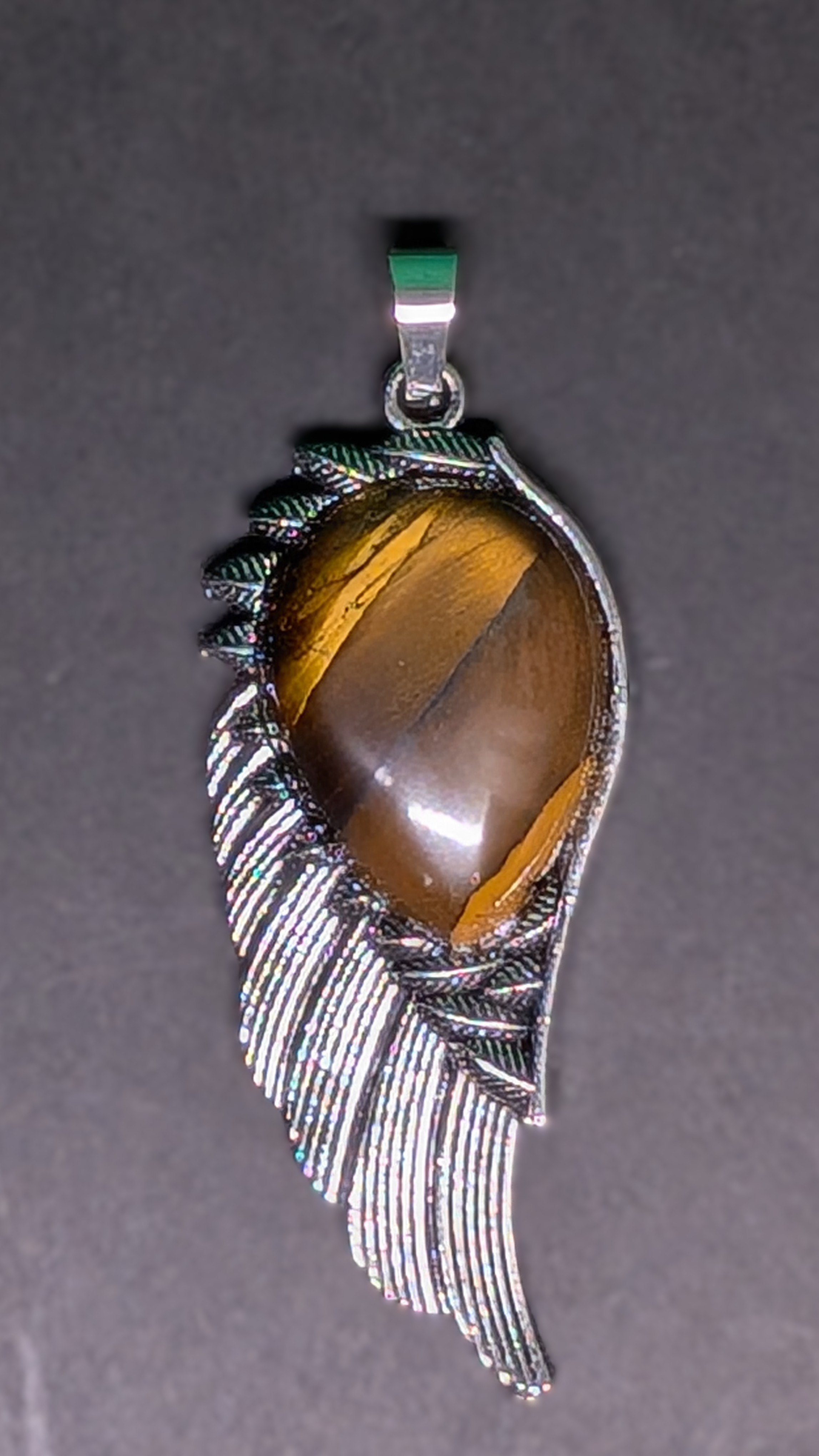 Metal and Stone Wing Pendant Tiger's Eye