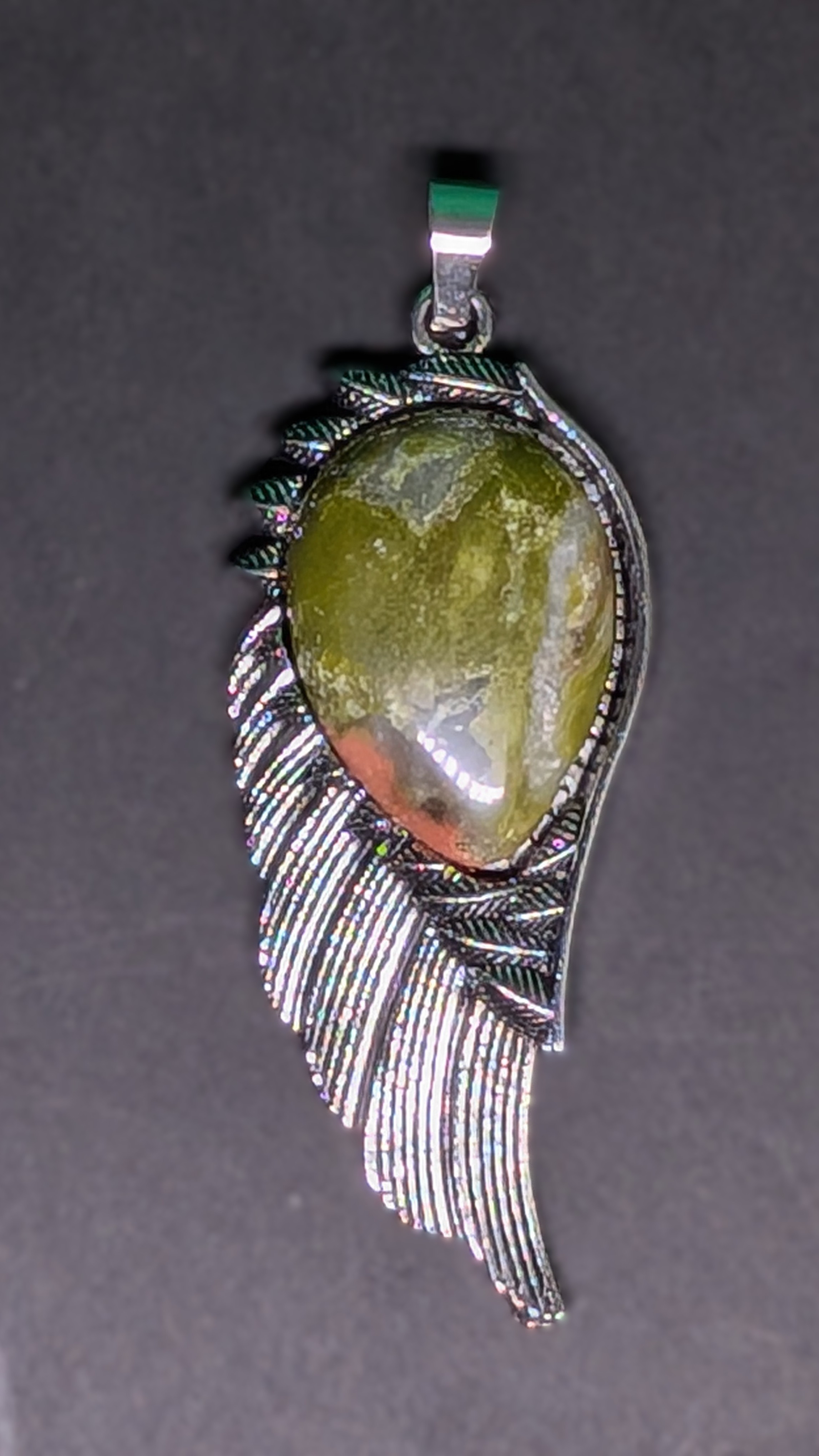 Metal and Stone Wing Pendant Unakite