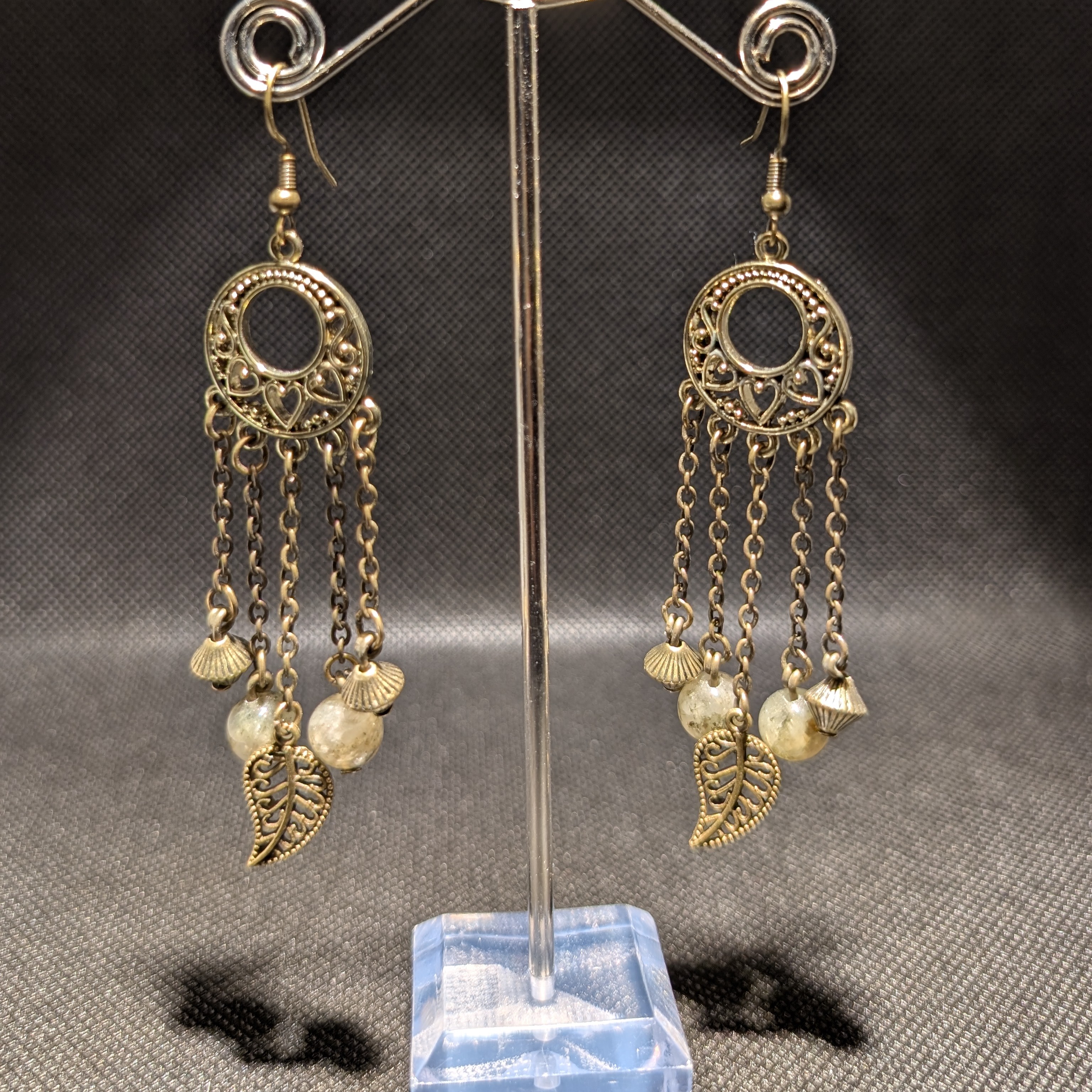 Bohemian Dangle 5 Chain Earrings Green Phantom Quartz Polished