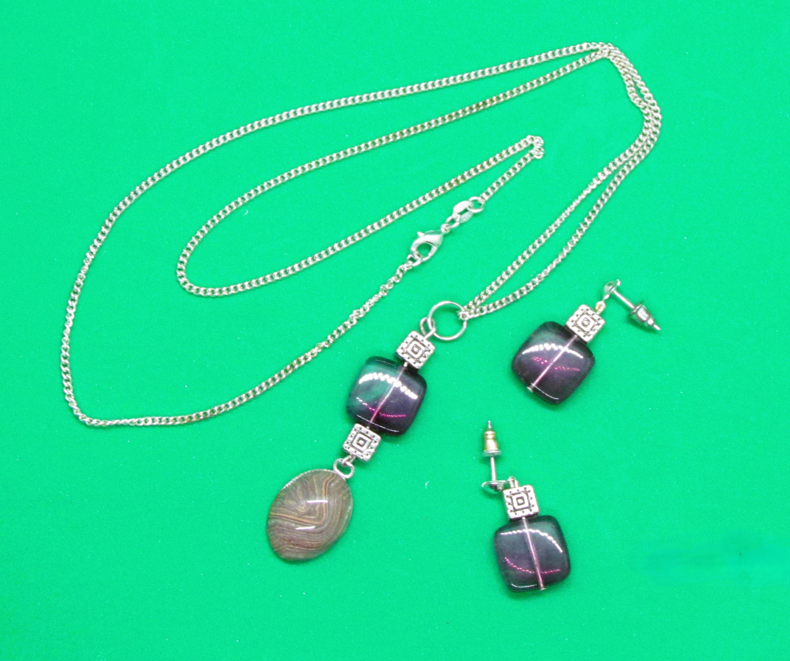 New Vintage Agate and Flourite Sterling Silver Set 