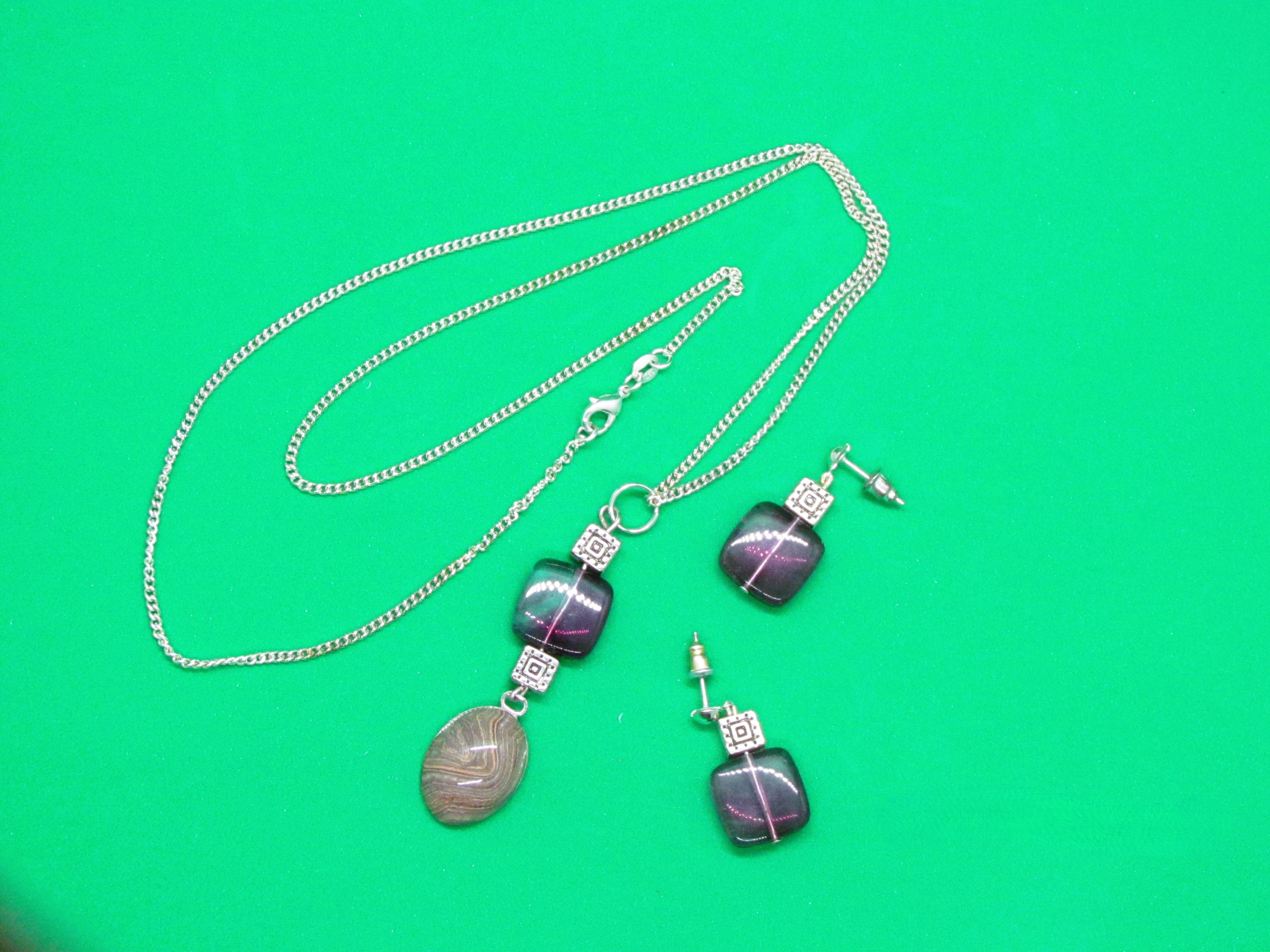 New Vintage Agate and Flourite Sterling Silver Set 