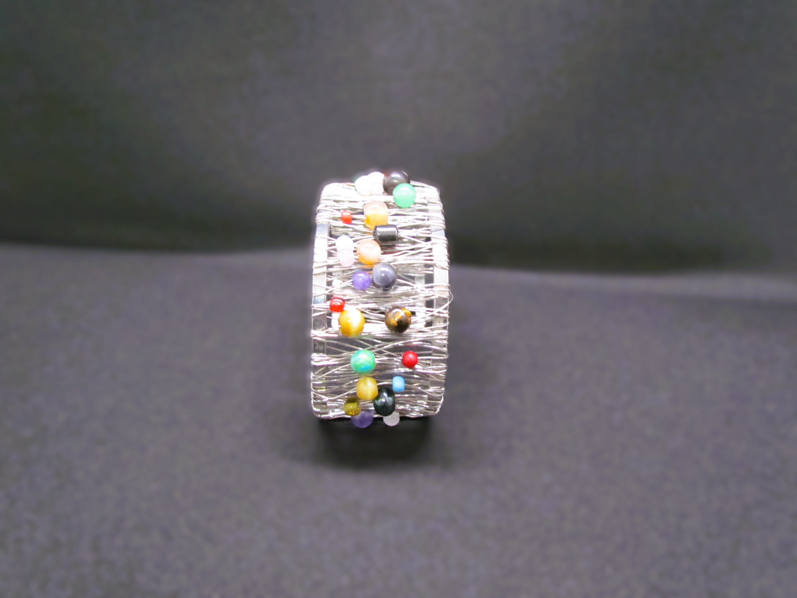 Silver wire cuff multi gemstone bangle.
