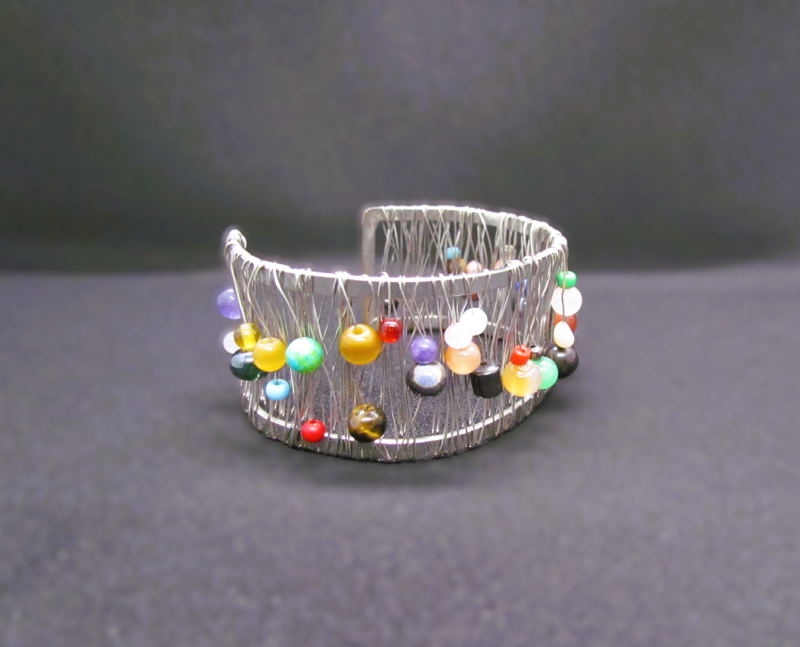 Silver wire cuff multi gemstone bangle.