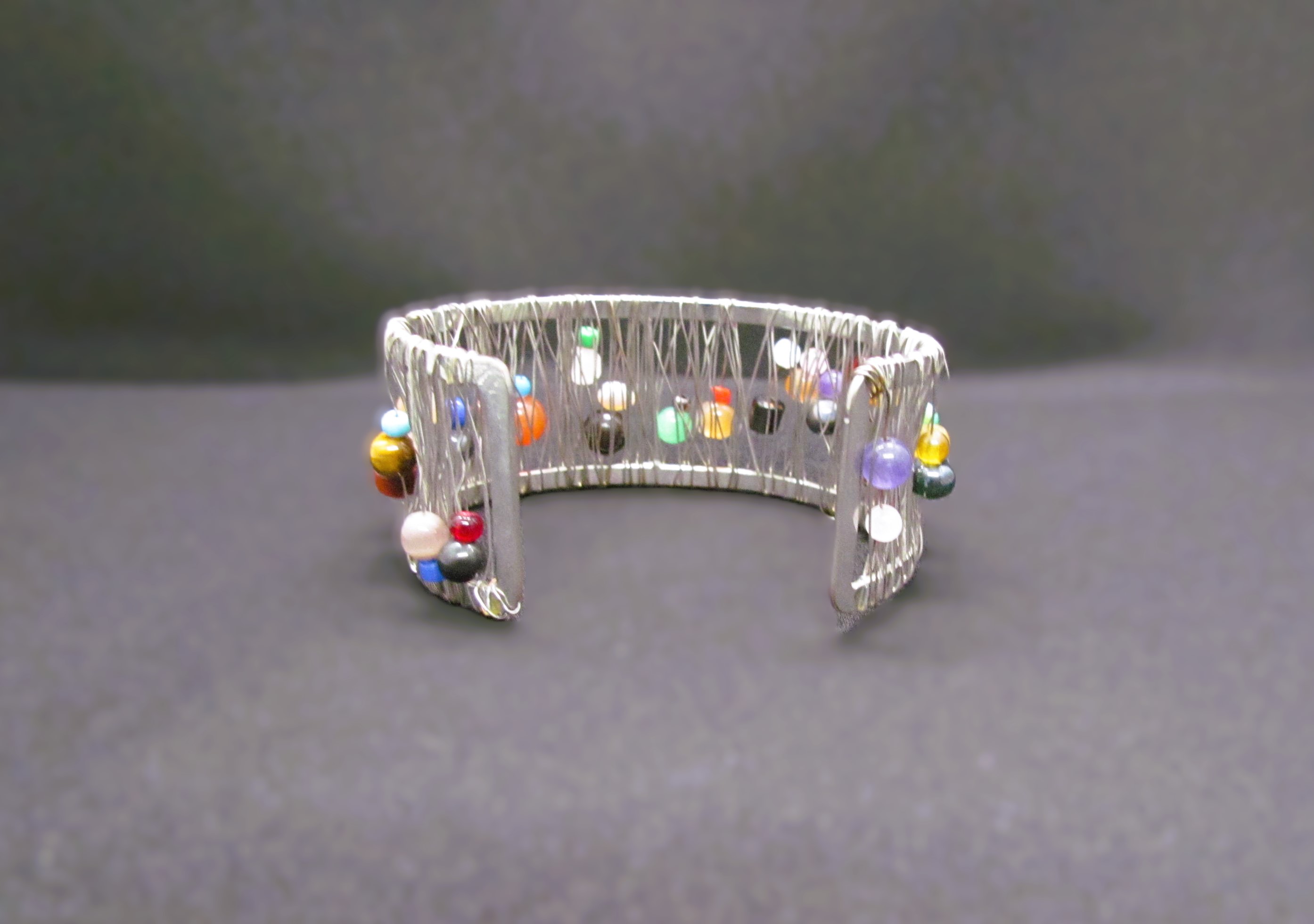 Silver wire cuff multi gemstone bangle.