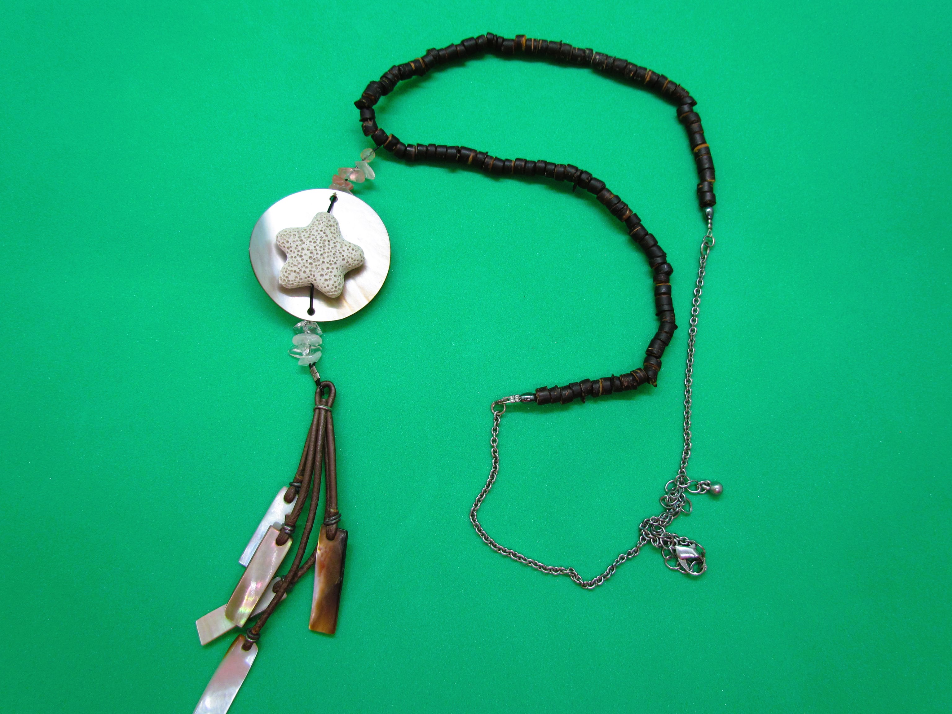 Mother of Pearl, Coral and Rose Quartz Tassell Necklace.