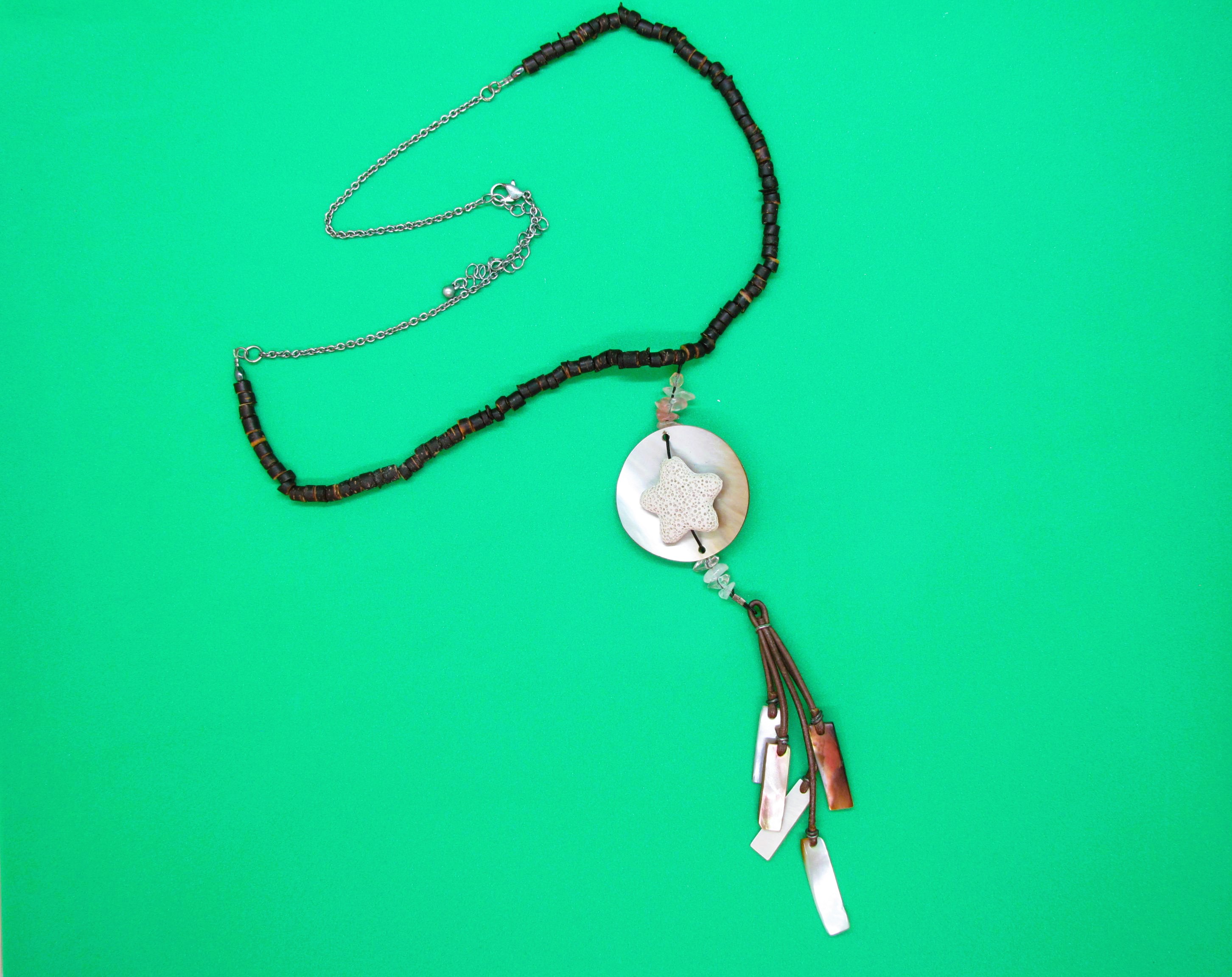Mother of Pearl, Coral and Rose Quartz Tassell Necklace.