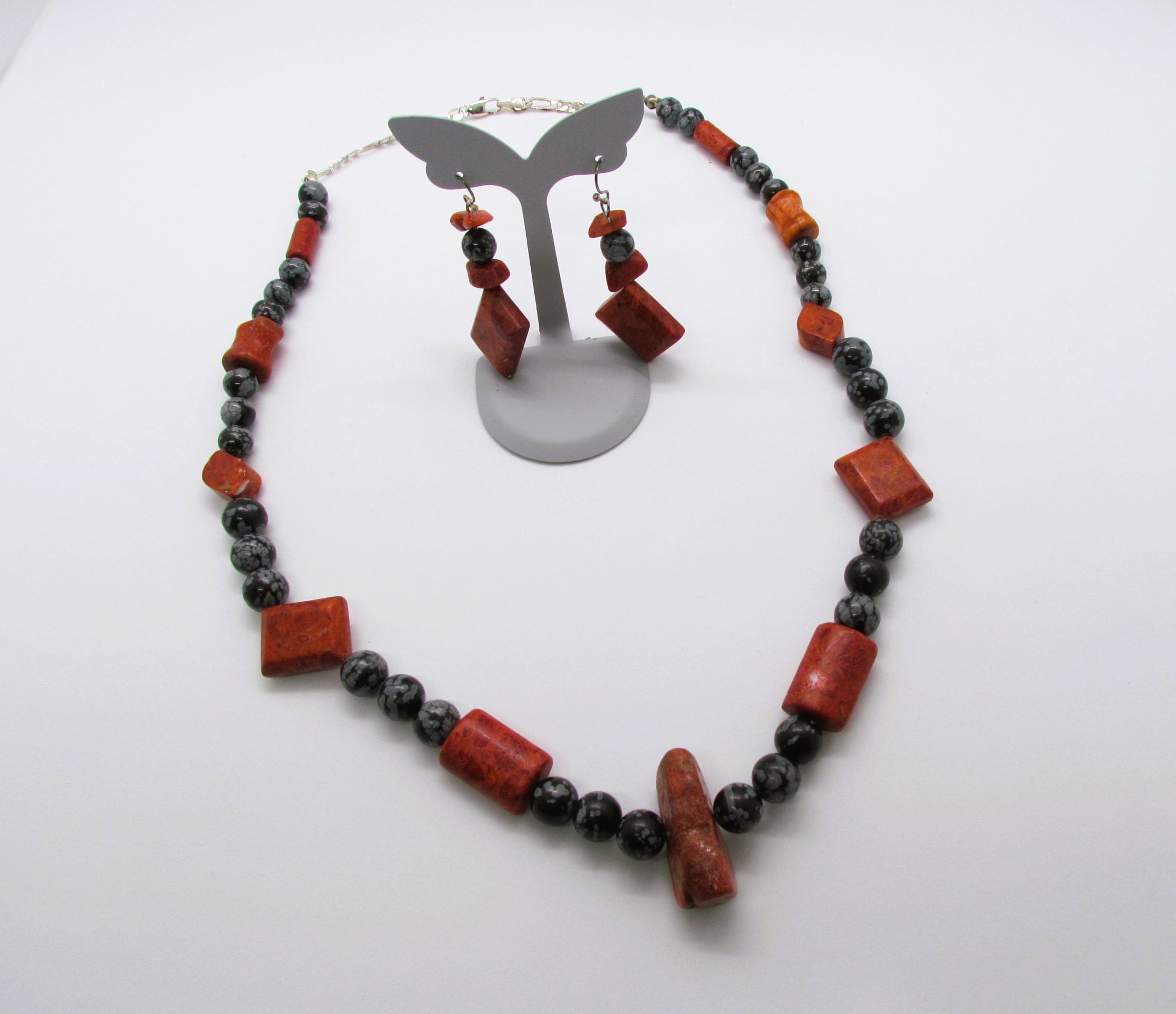Natural Red Coral and Obsidian Set.