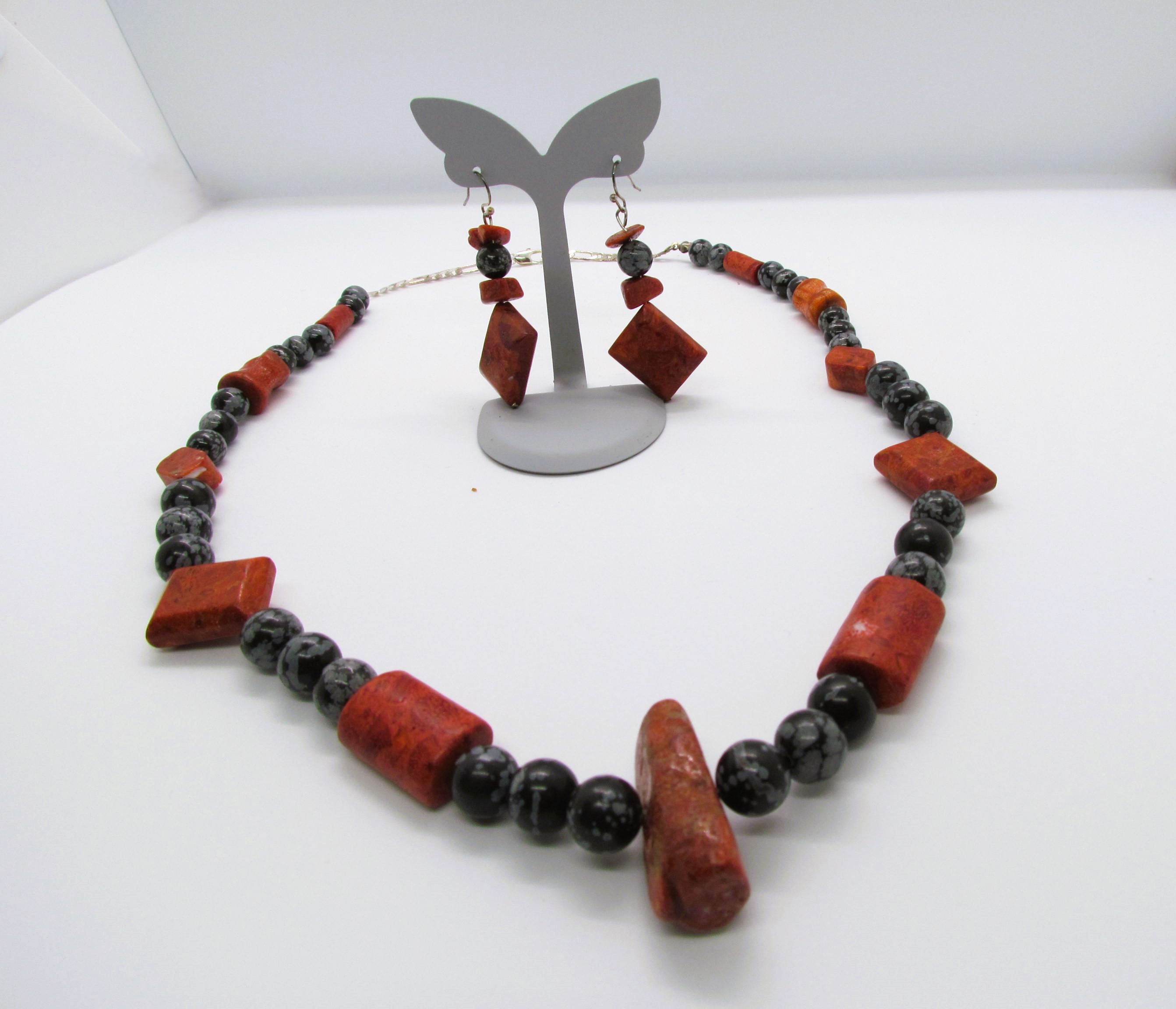 Natural Red Coral and Obsidian Set.