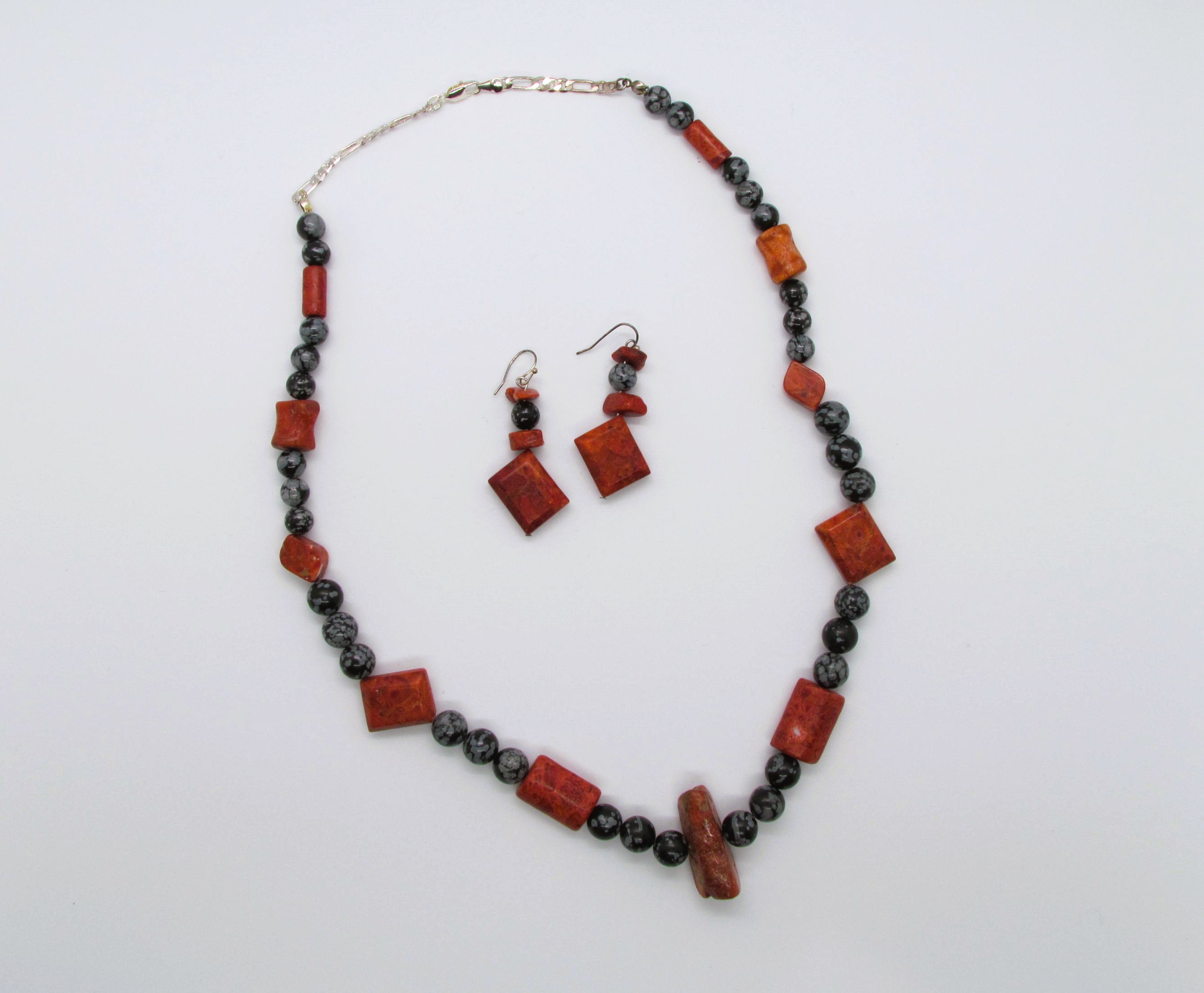 Natural Red Coral and Obsidian Set.