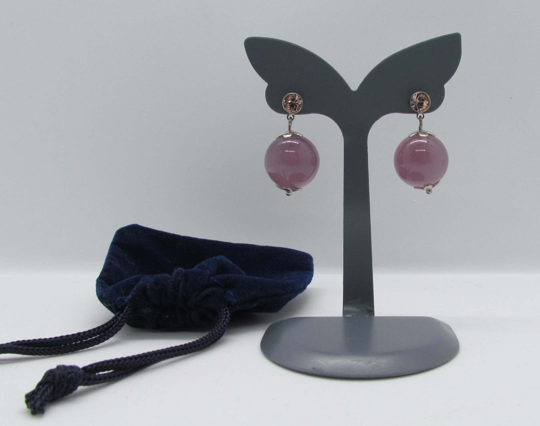 Lavender Cat Eye Gemstone & Crystal Silver Stud Earrings.