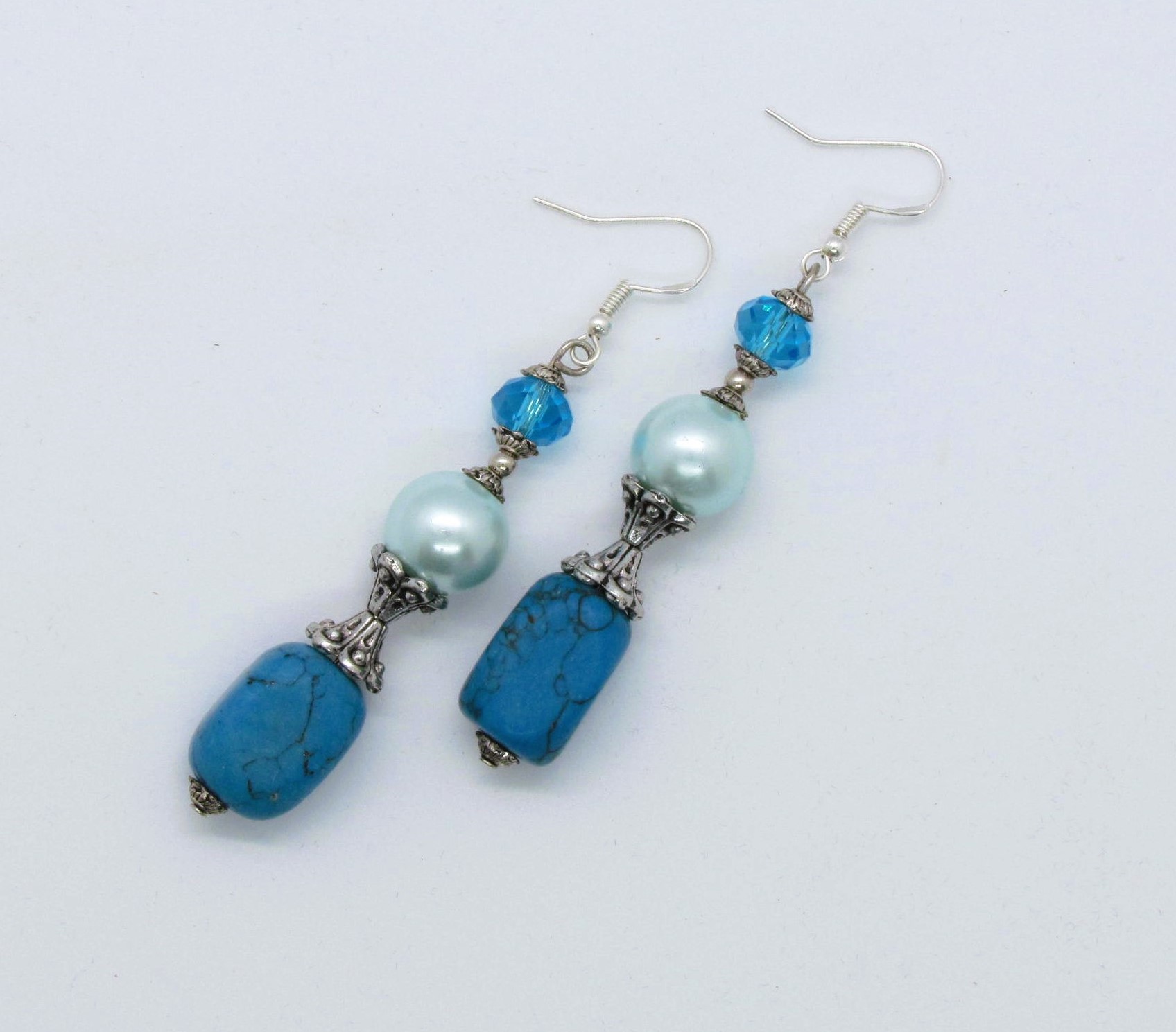 Vintage Turquoise Gems, Pearl and Crystal Earrings in Sterling Silver.