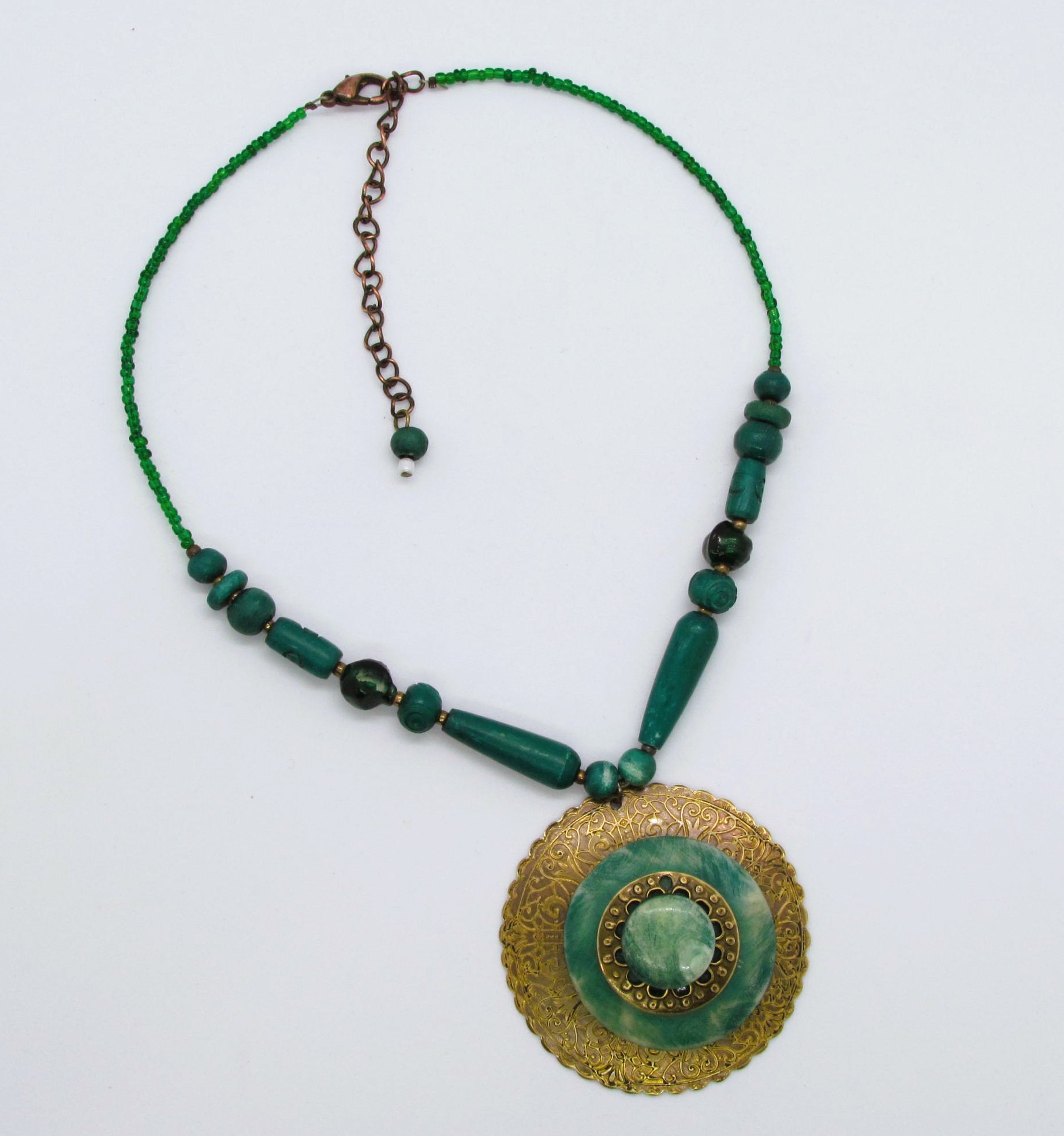 Vintage Carved Genuine Green Jade & Bronze Layered Pendant