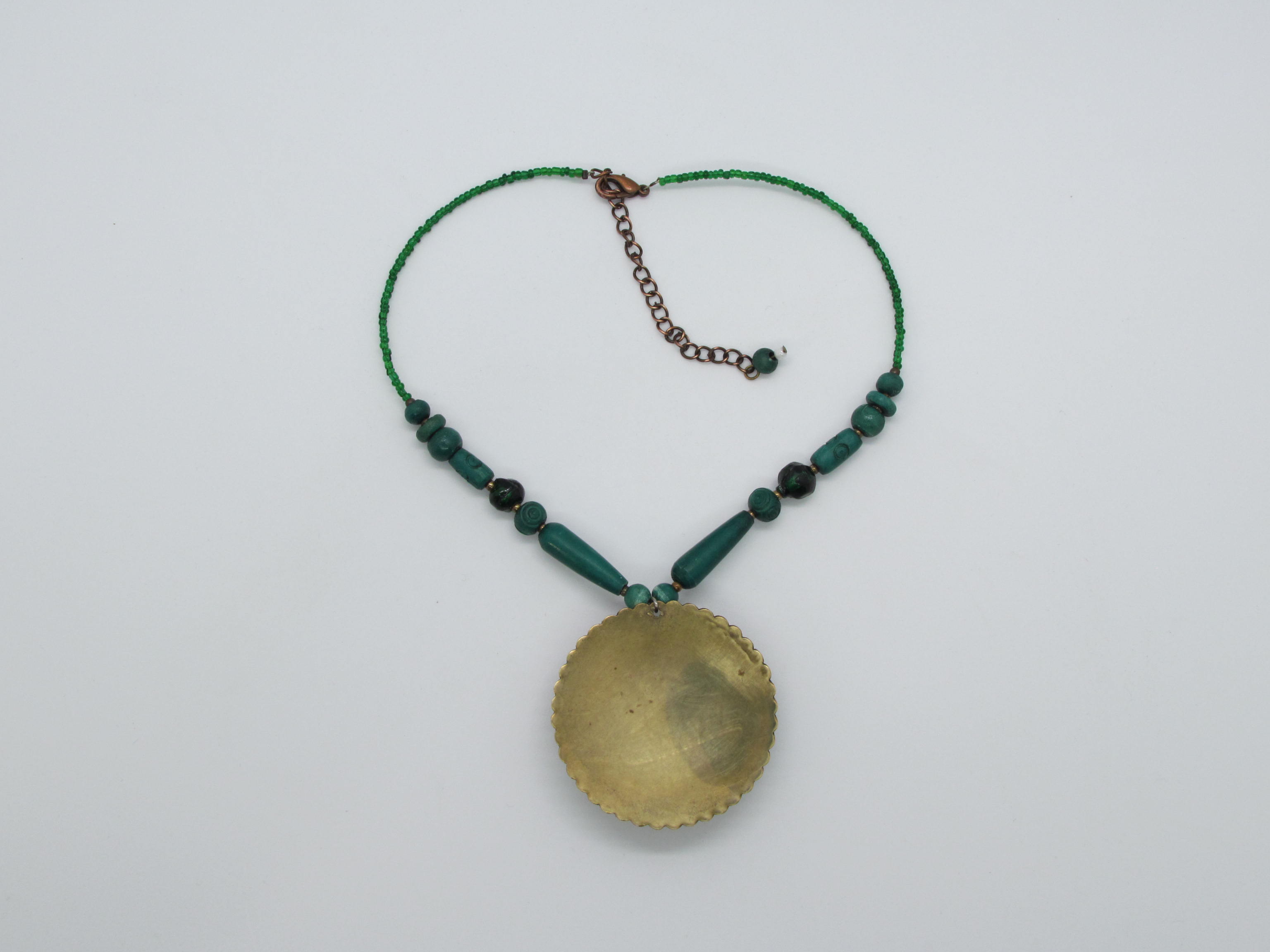 Vintage Carved Genuine Green Jade & Bronze Layered Pendant