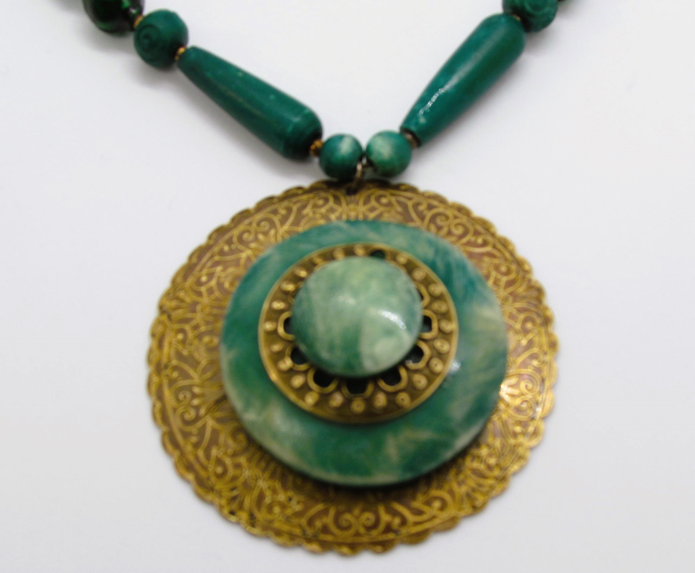 Vintage Carved Genuine Green Jade & Bronze Layered Pendant