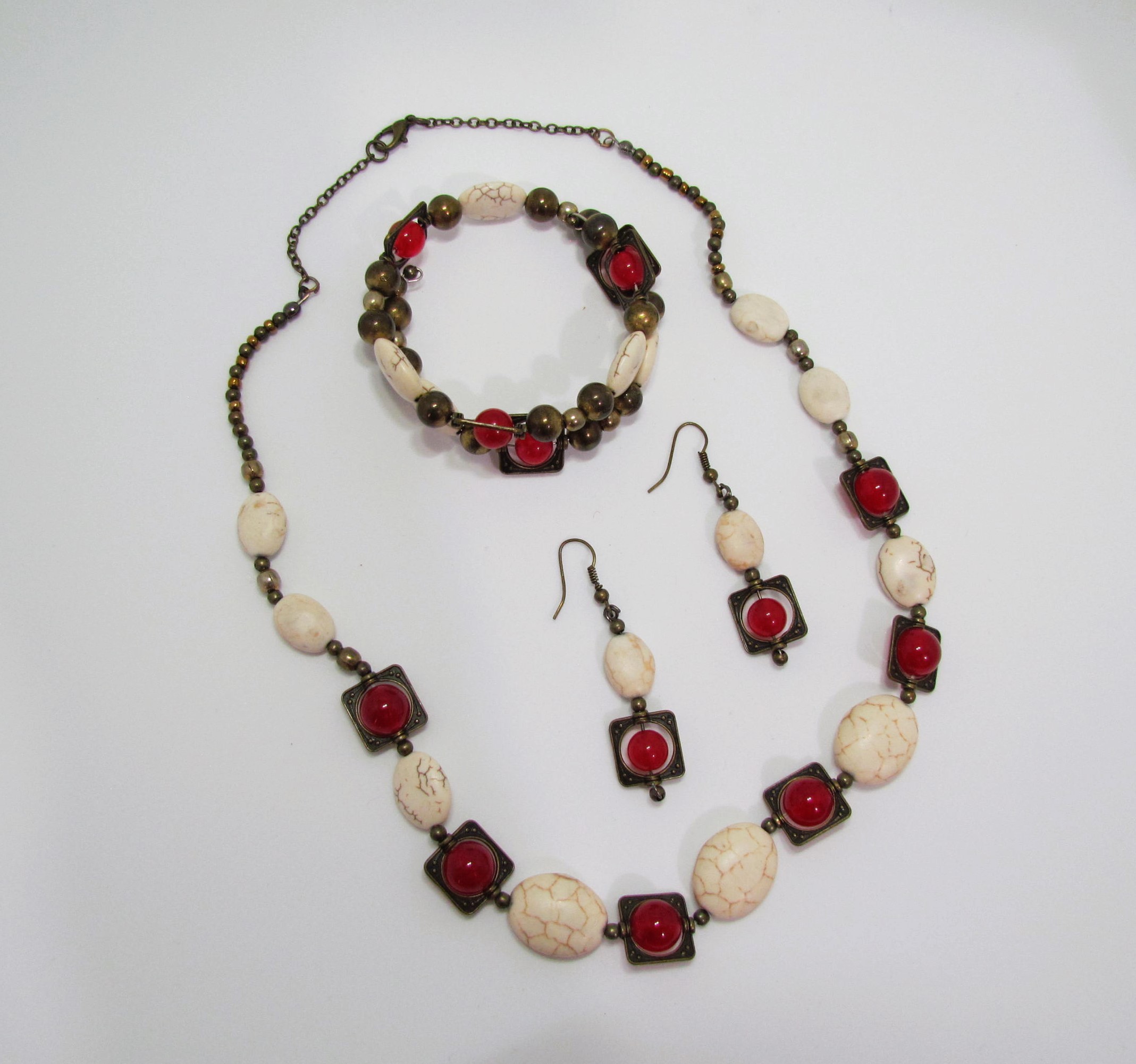 Unique Set Howlite and African Ruby In Bronze.