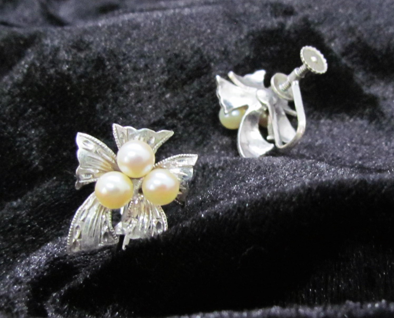Rare 1930s Regal Sterling Silver Pearl Earrings.