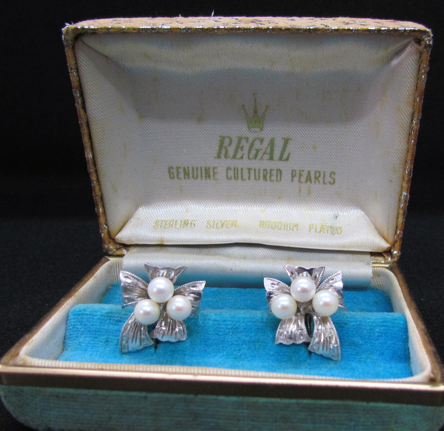 Rare 1930s Regal Sterling Silver Pearl Earrings.
