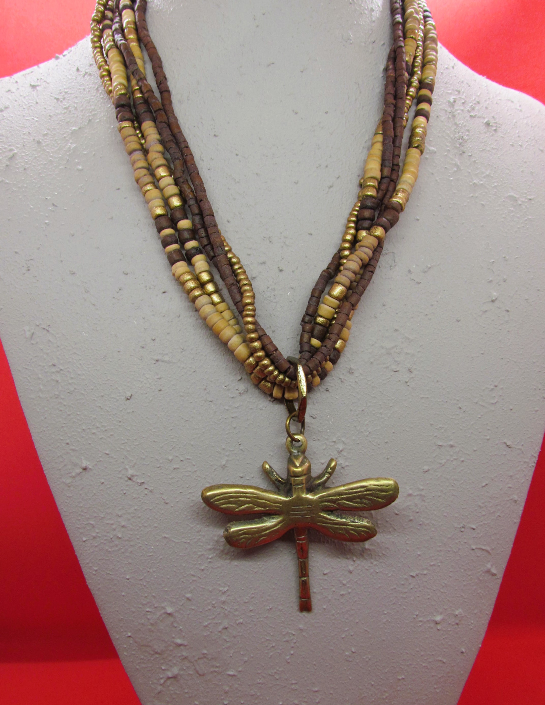 Bohemian Brass Dragonfly Multi Strand Pendant.
