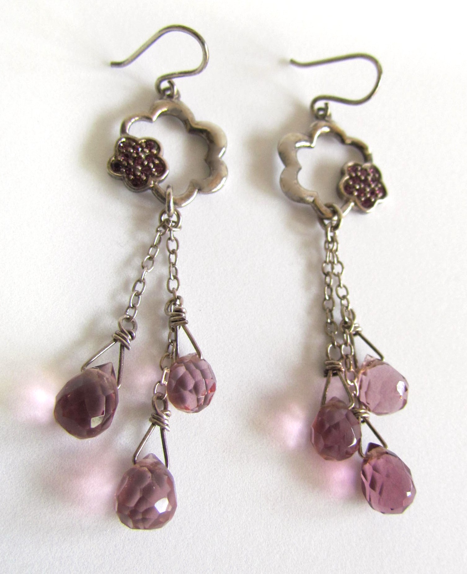 Sterling Silver Paved Crystal Tri Drop Earrings.