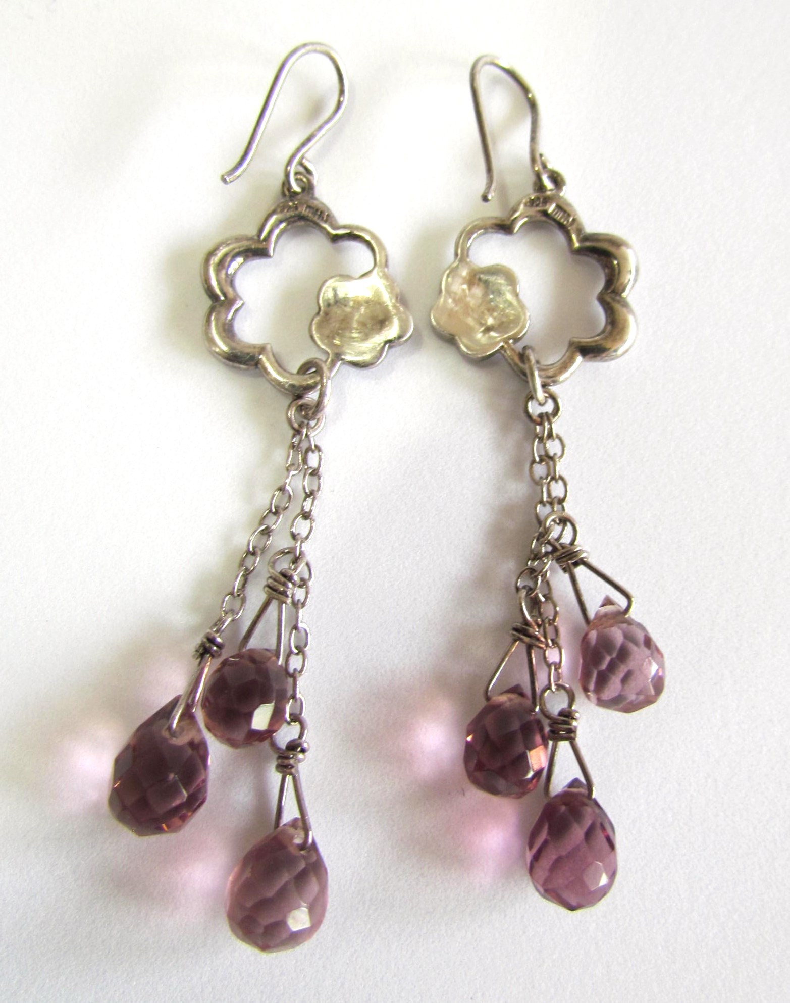 Sterling Silver Paved Crystal Tri Drop Earrings.