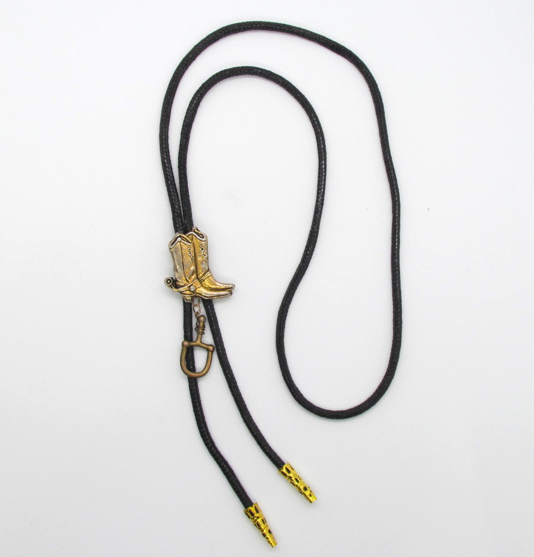 Handcrafted Cowboy Boots & Stirrup Leather Bola Tie.