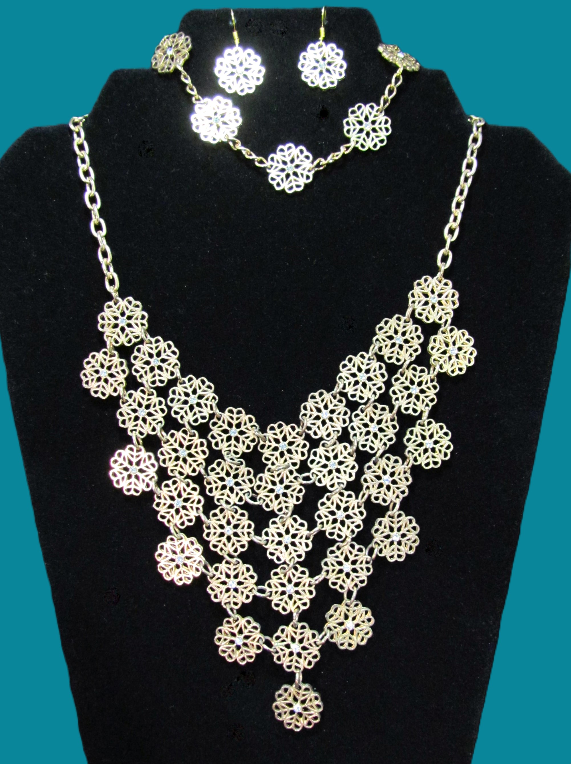 Gold Floral Filigree Crystal Waterfall Set.
