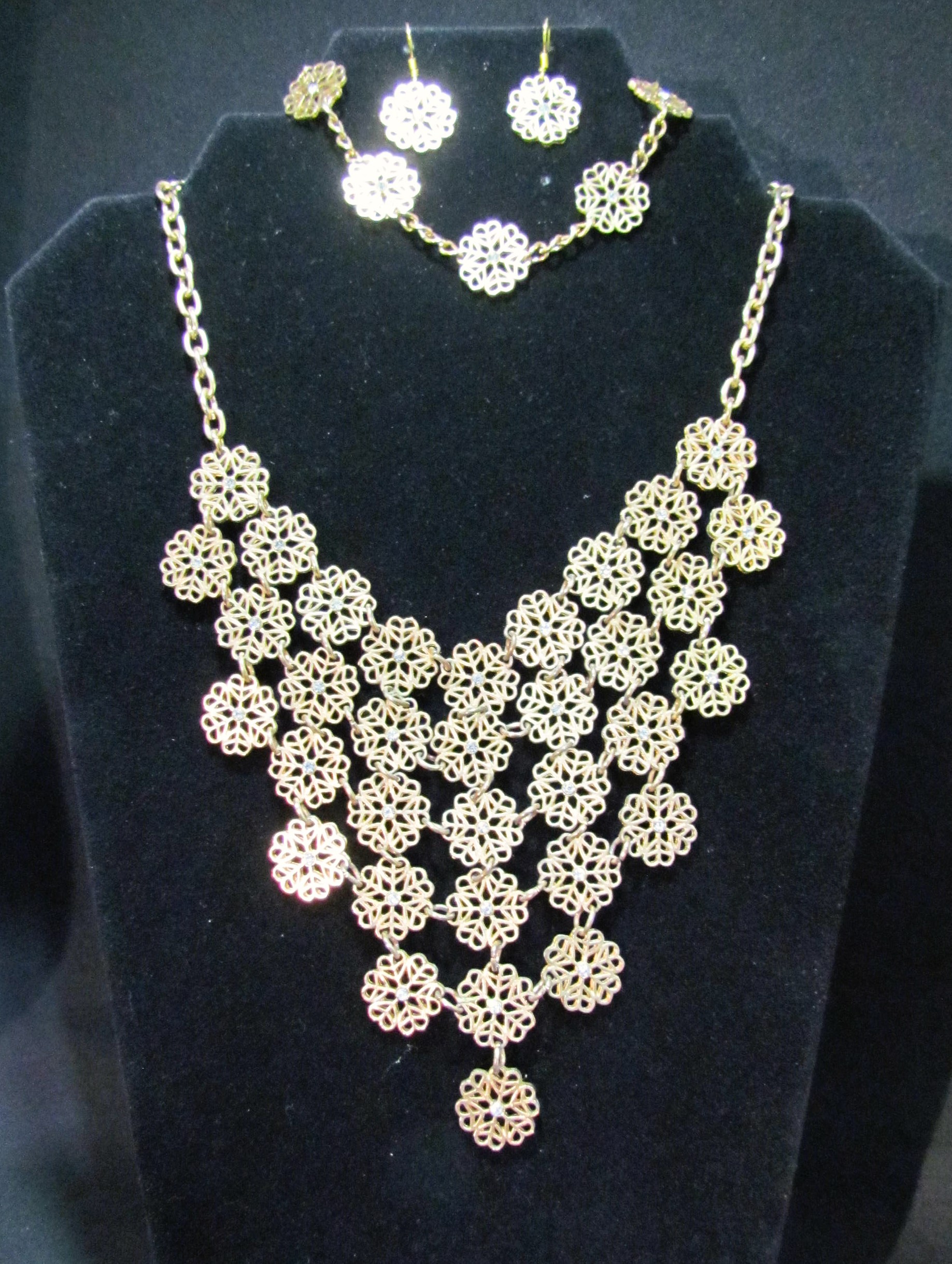 Gold Floral Filigree Crystal Waterfall Set.
