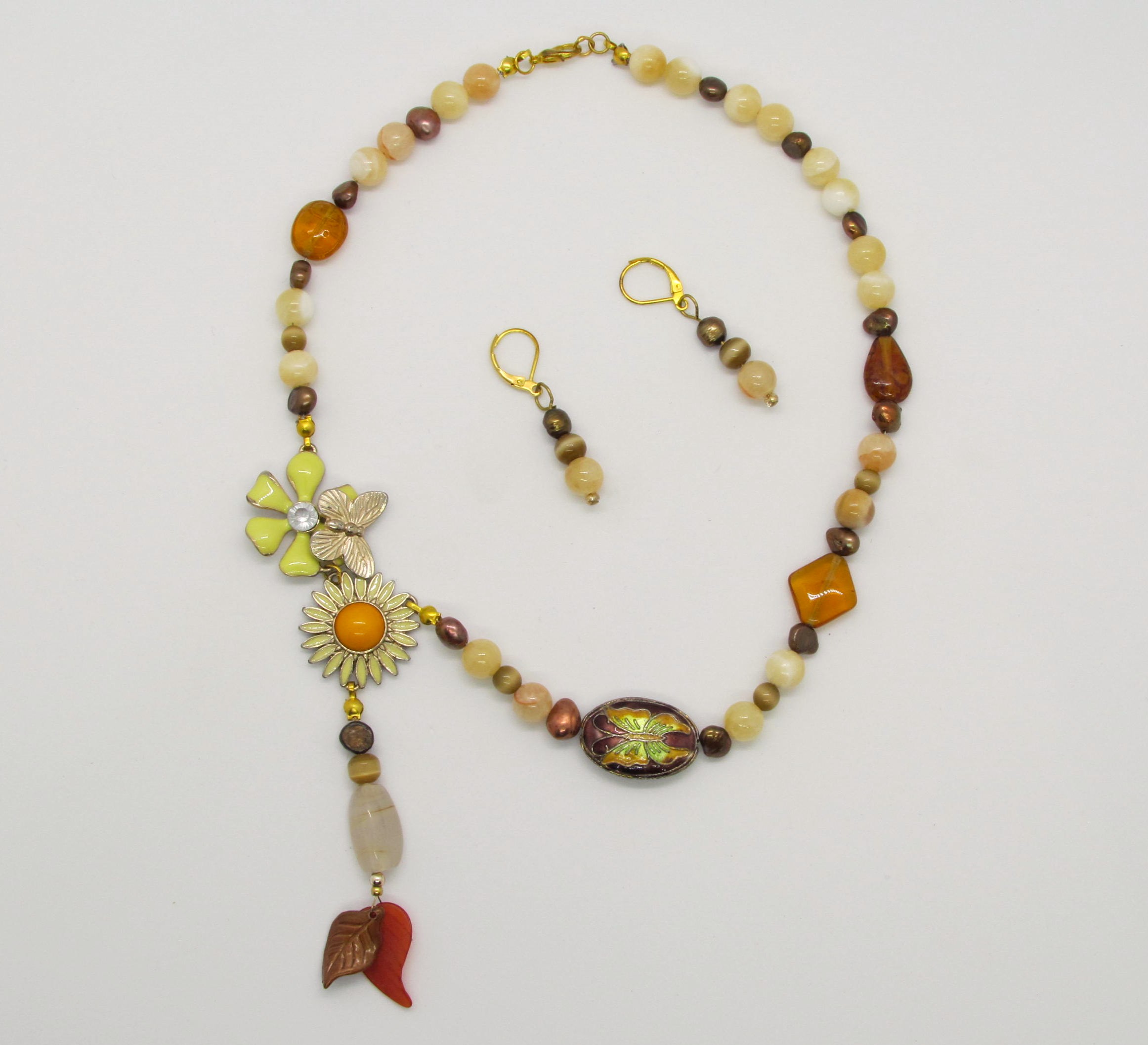 Blended Vintage Enamel, Tiger Eye, Lemon Jade & Pearls Set.