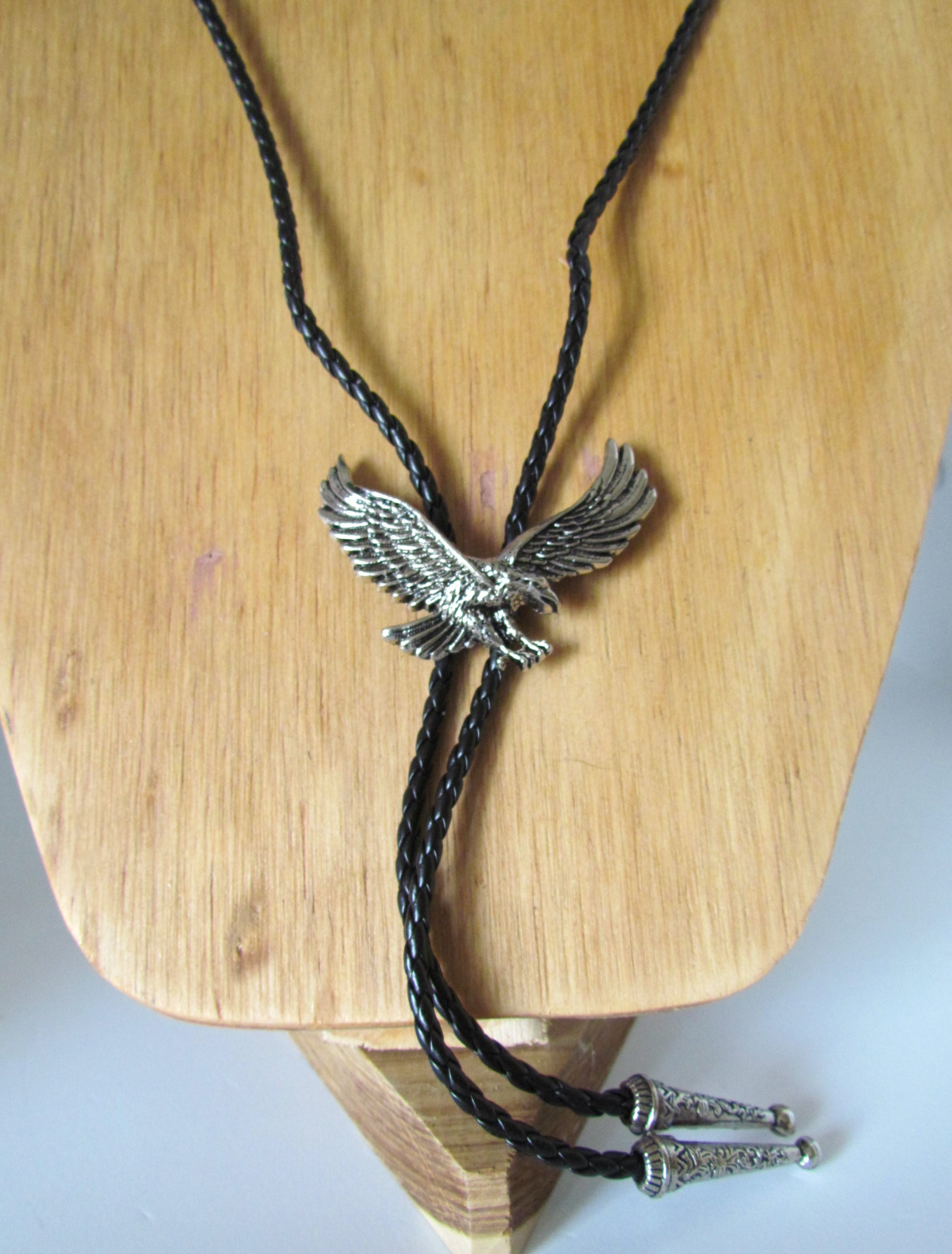 Mens Bola Silver Eagle Western Tie Black Plaited Leather. 