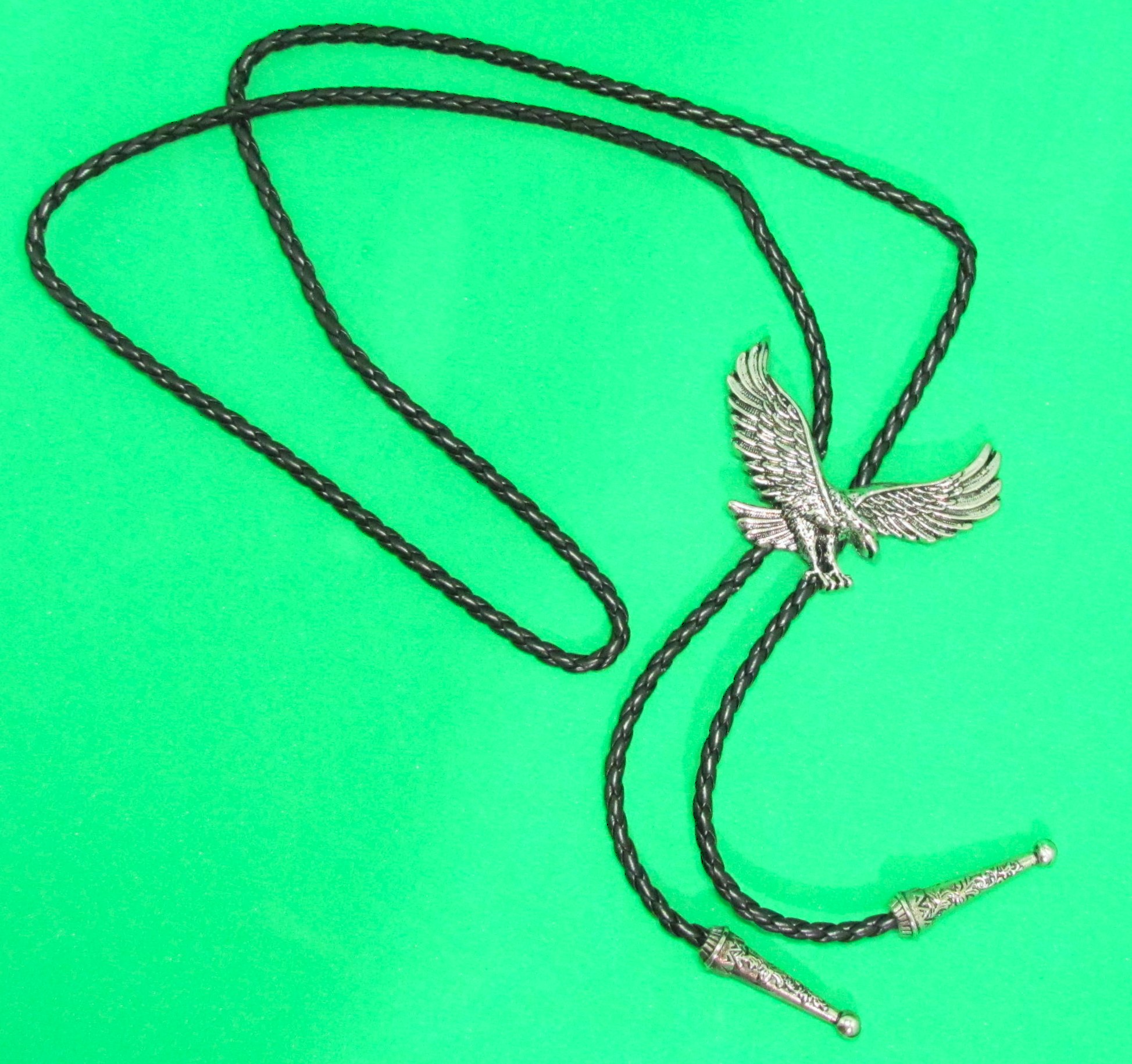 Mens Bola Silver Eagle Western Tie Black Plaited Leather. 