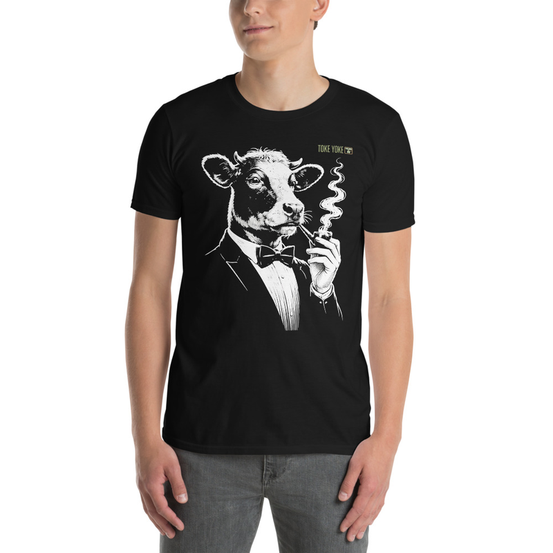 Smoking Cow in Tuxedo Short-Sleeve Unisex Cotton T-Shirt