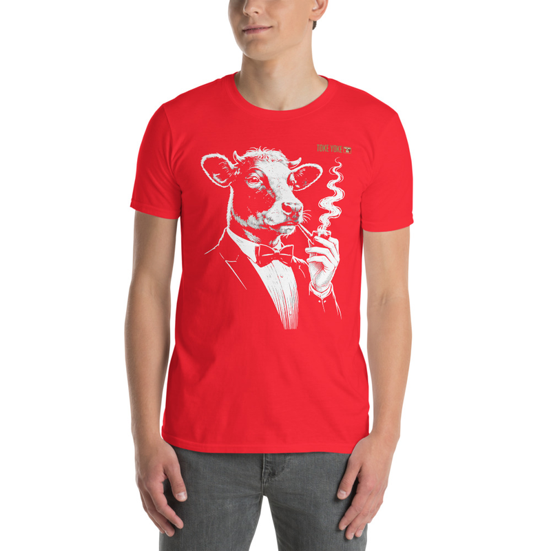 Smoking Cow in Tuxedo Short-Sleeve Unisex Cotton T-Shirt