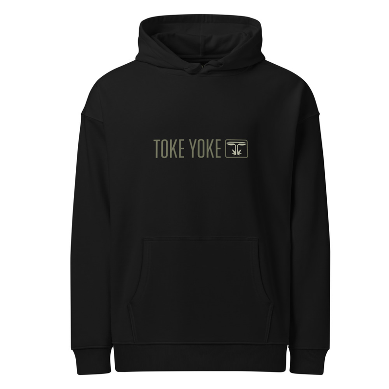 Black Unisex Organic Relaxed Hoodie Original Toke Yoke Logo front and back