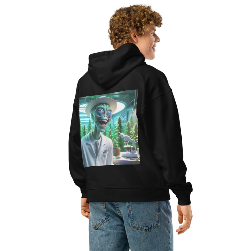 Black Unisex organic relaxed hoodie UFO Crest scientist Back