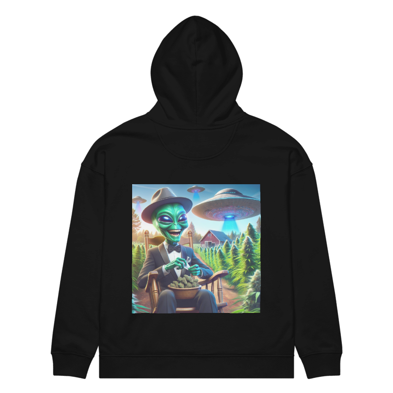 Black Unisex Organic Relaxed Hoodie UFO Crest Denim Alien Back