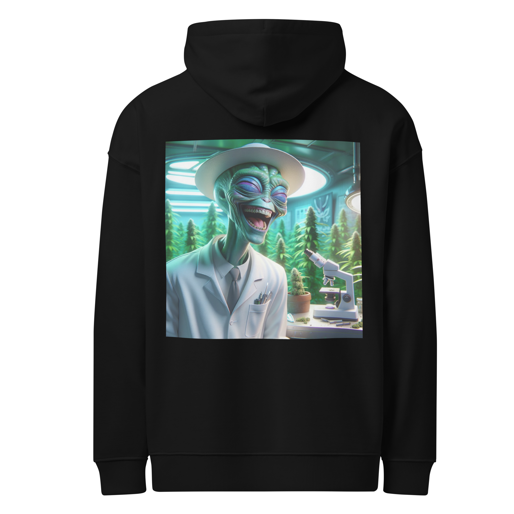 Black Unisex organic relaxed hoodie UFO Crest scientist Back