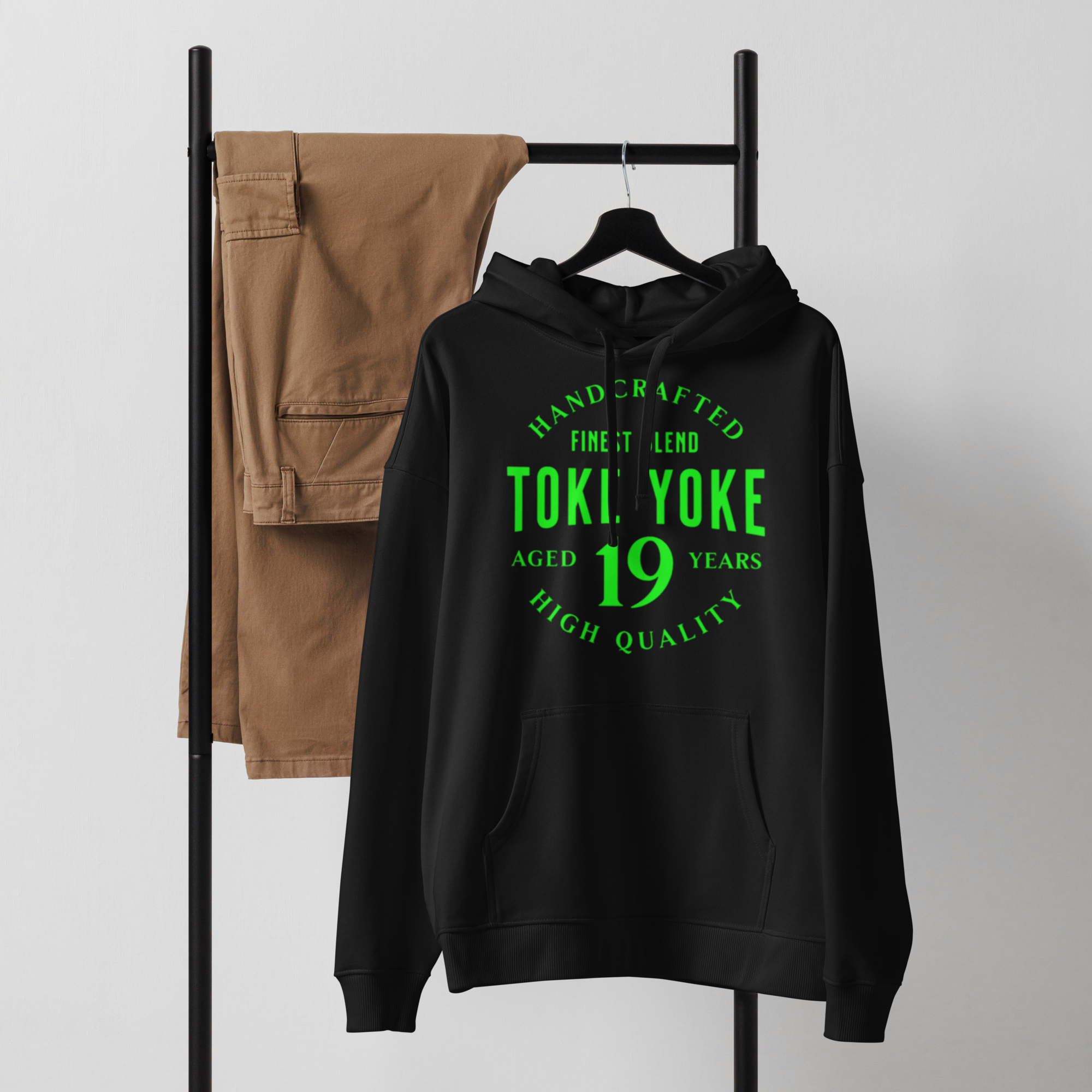 Black Unisex Organic Relaxed Hoodie 10 Year Aged Toke Yoke Green