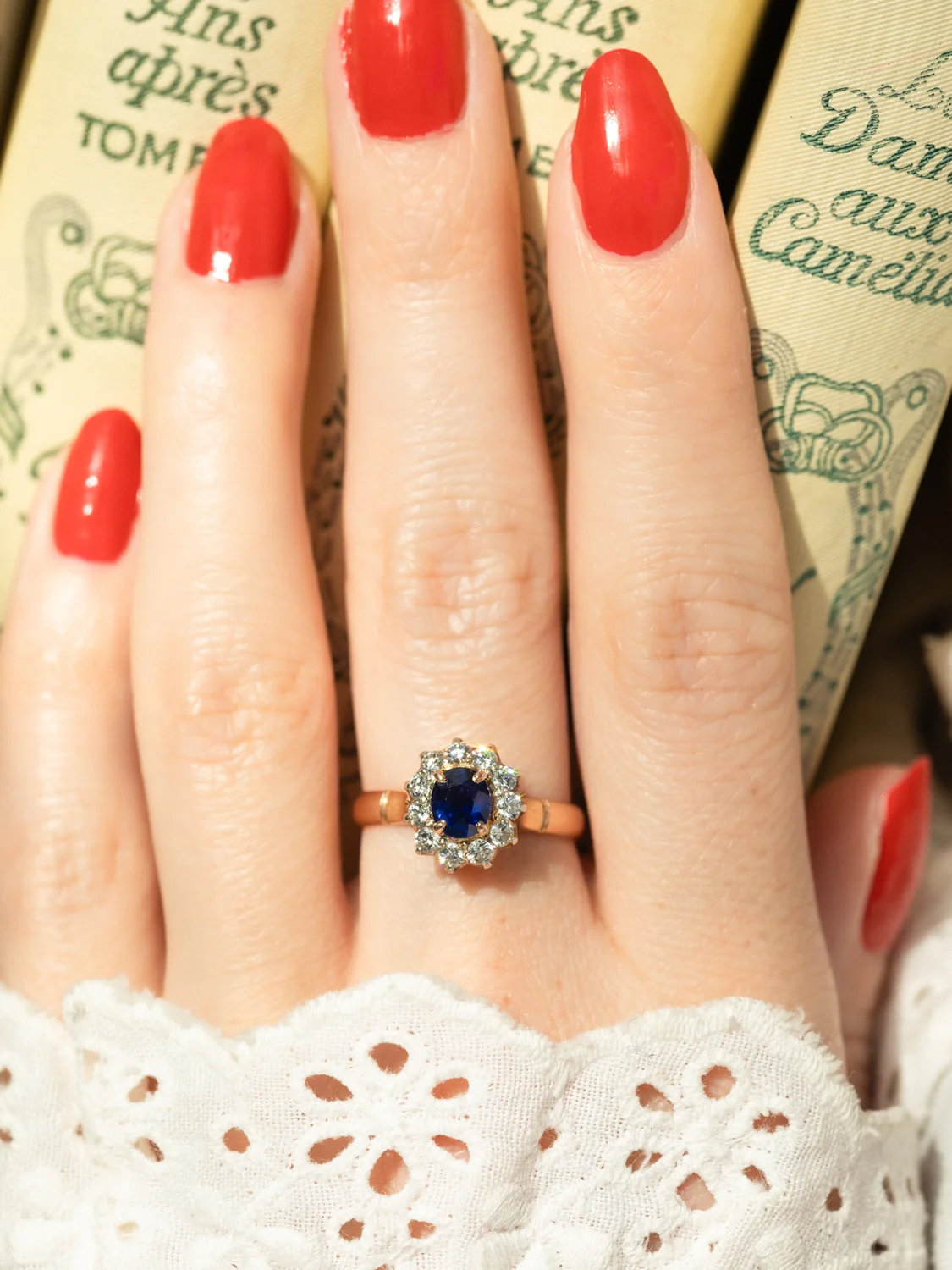 LA CLAUDINE, magnifique et romantique bague Pompadour ancienne en or rose 18 carats, saphir & diamants scintillants ✨