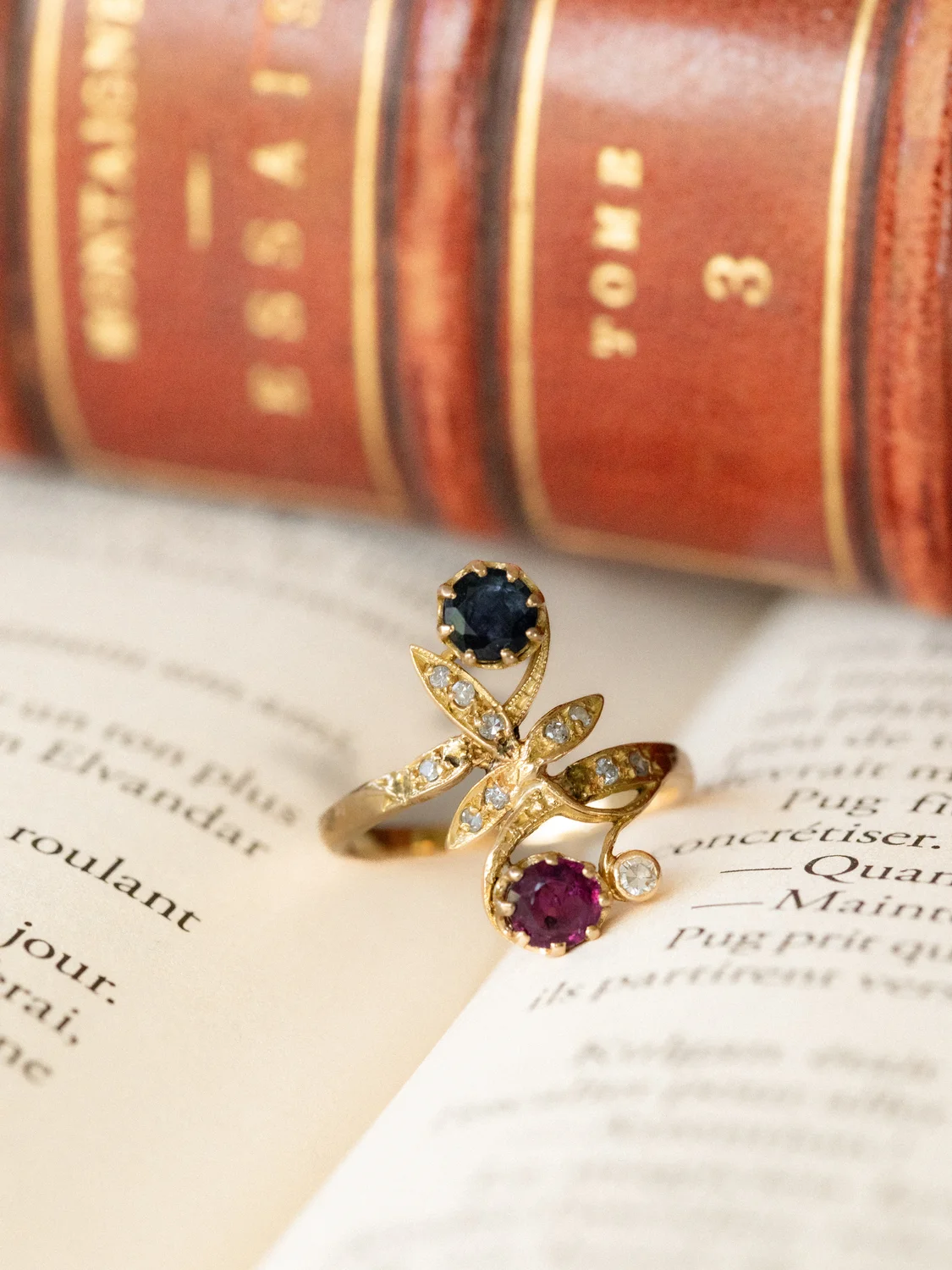 LA DANAÉ, splendide bague Toi & Moi d'inspiration Art Nouveau en saphir, rubis et diamants