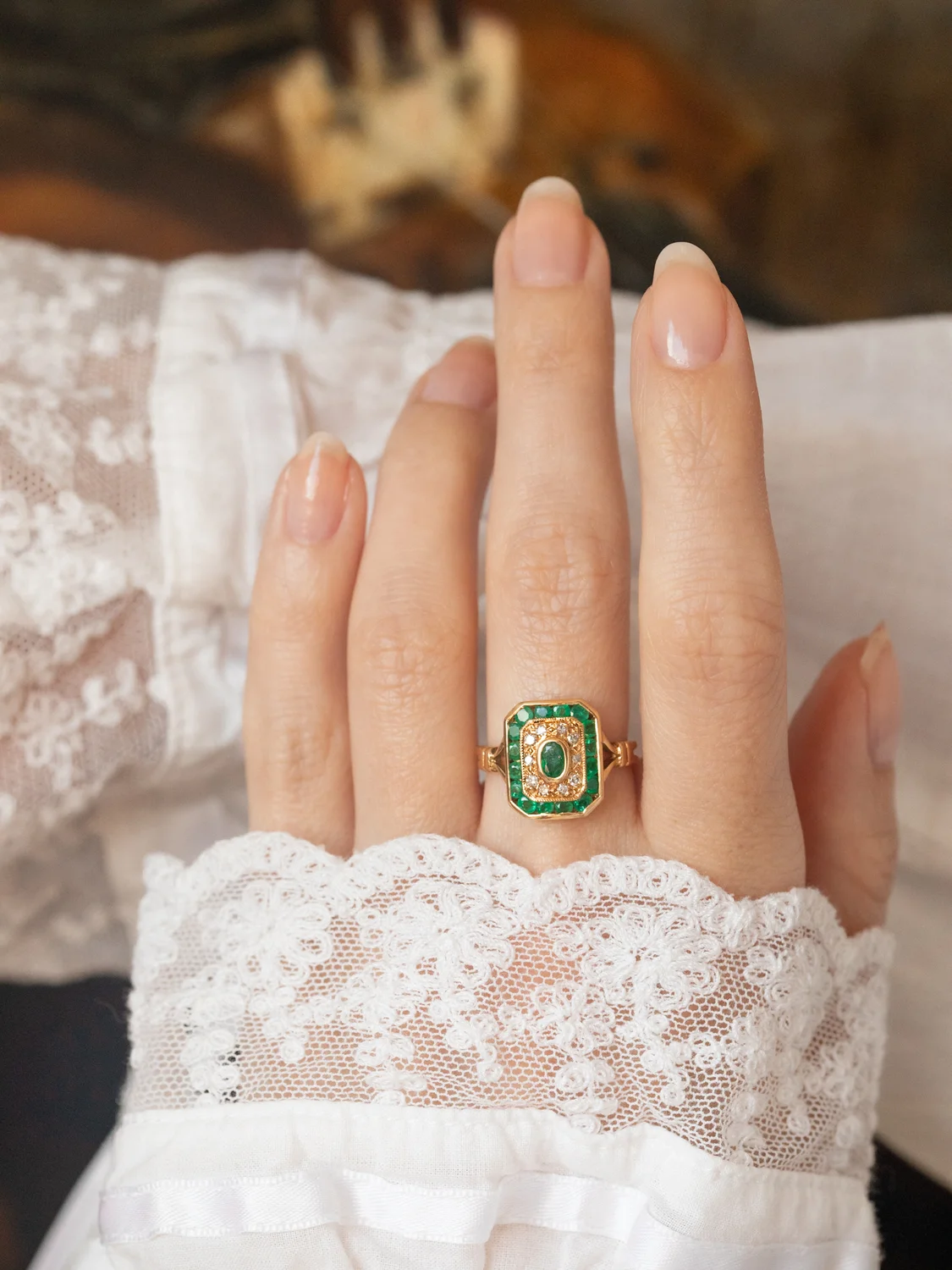 LA LEONORA, magnifique bague octogonale vintage de style Art Déco en émeraudes & diamants 