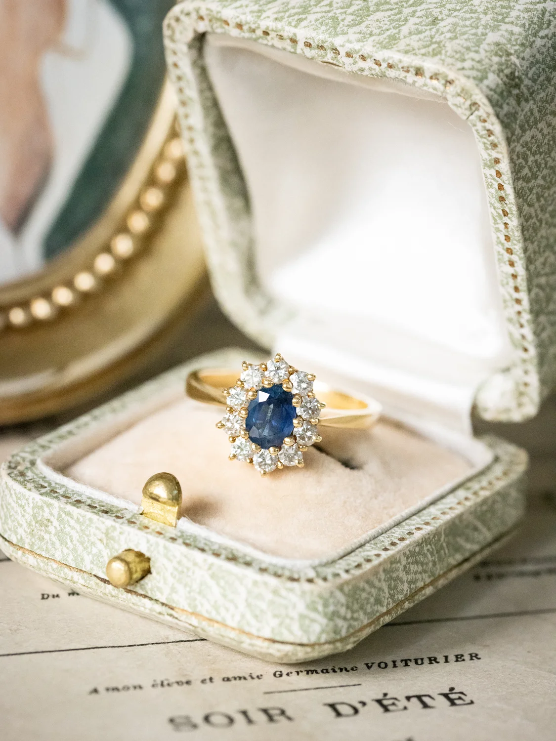 LA PAULE, sublime bague Marguerite vintage en or 18 carats, saphir et entourage diamants scintillants ✨
